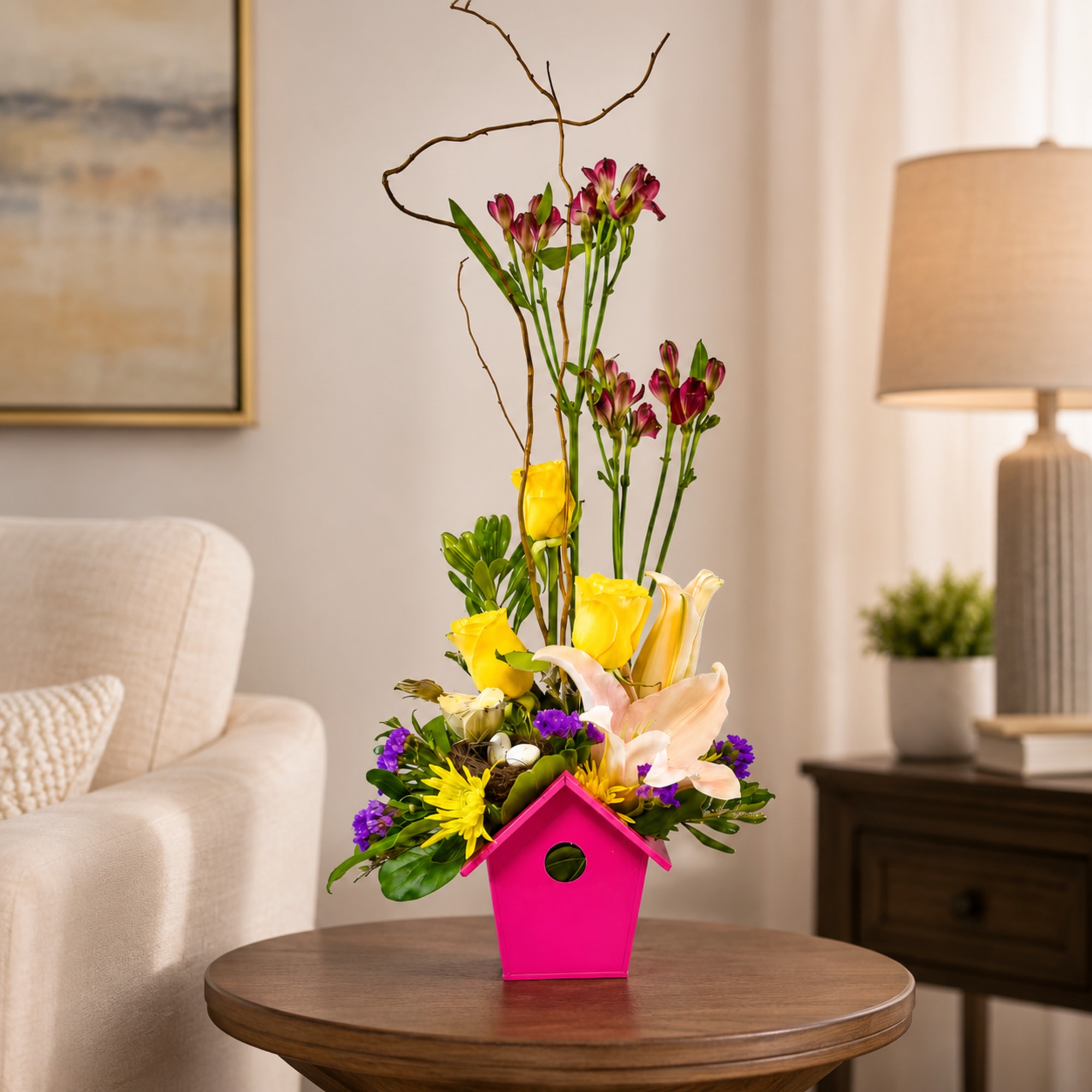 Petal Perfection&rsquo;s Spring Birdhouse. Spring birdhouse arrangement with pastel blooms and charming