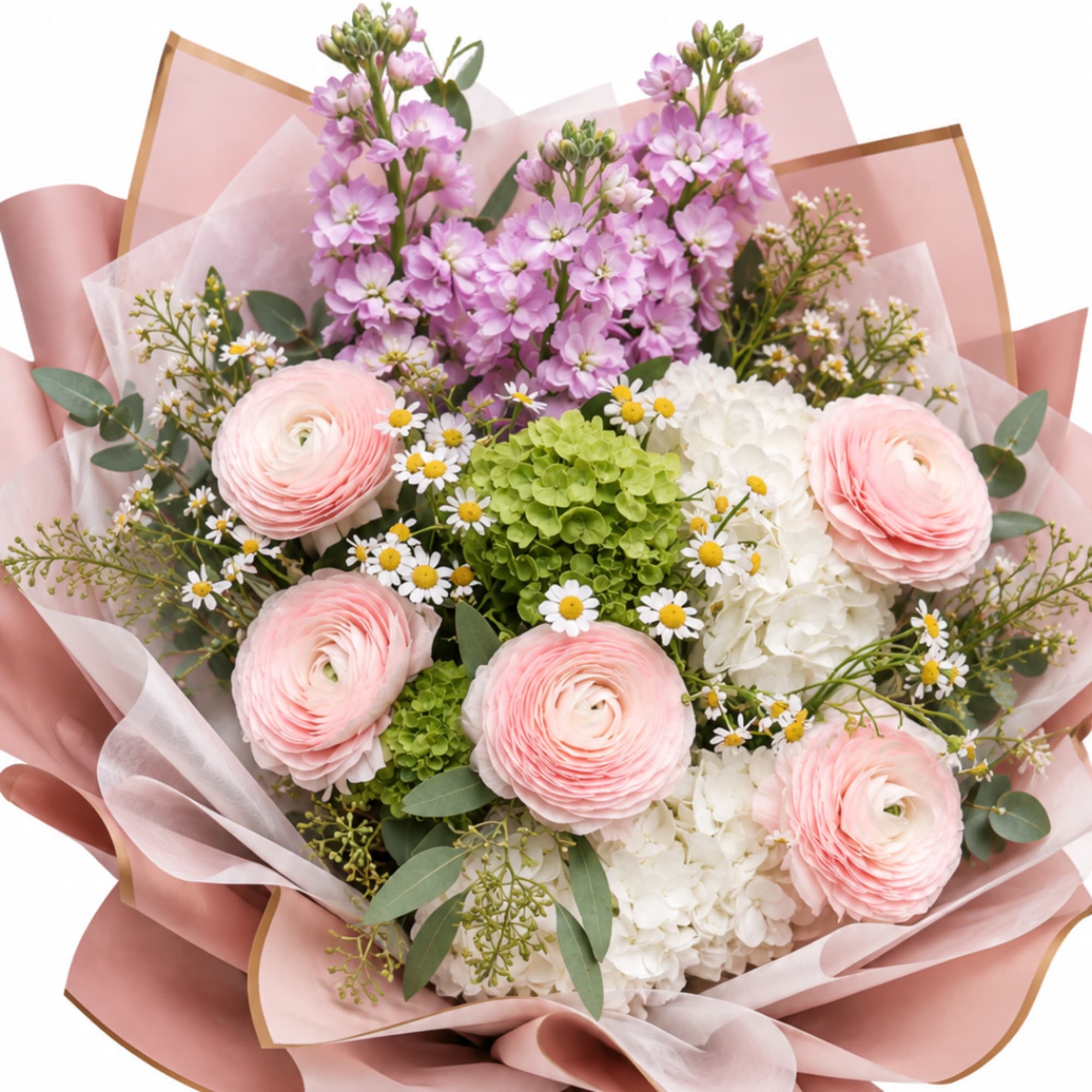 Bouquet of pink ranunculus, purple stock, white hydrangea, and small daisies