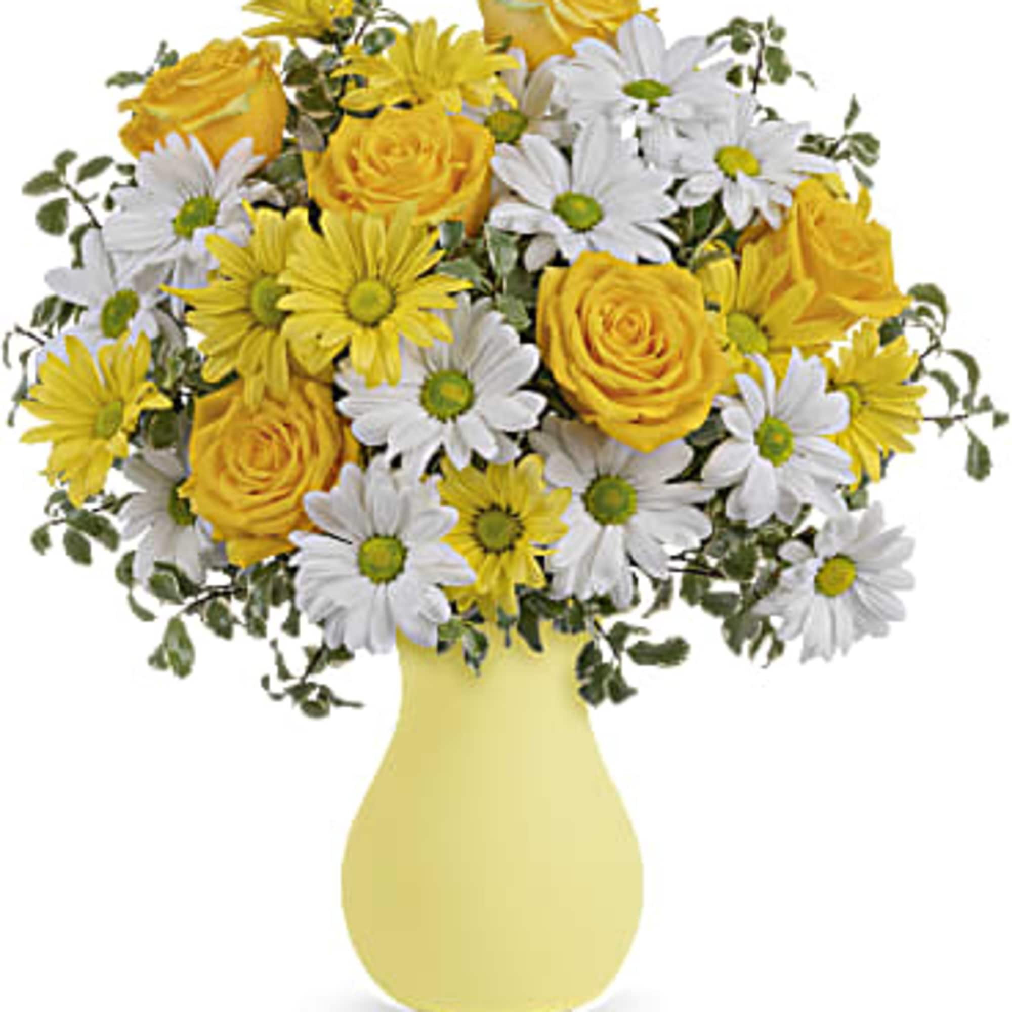Yellow roses and white daisies in a yellow vase, photo 2 of 3