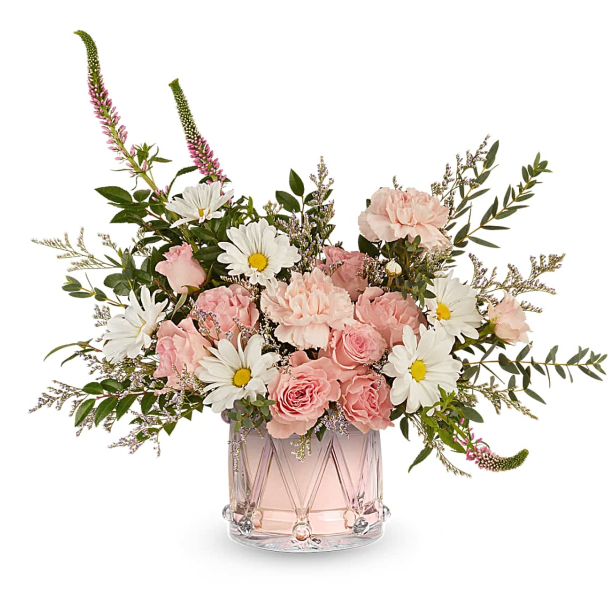 Pink and white bouquet in a clear glass vase
