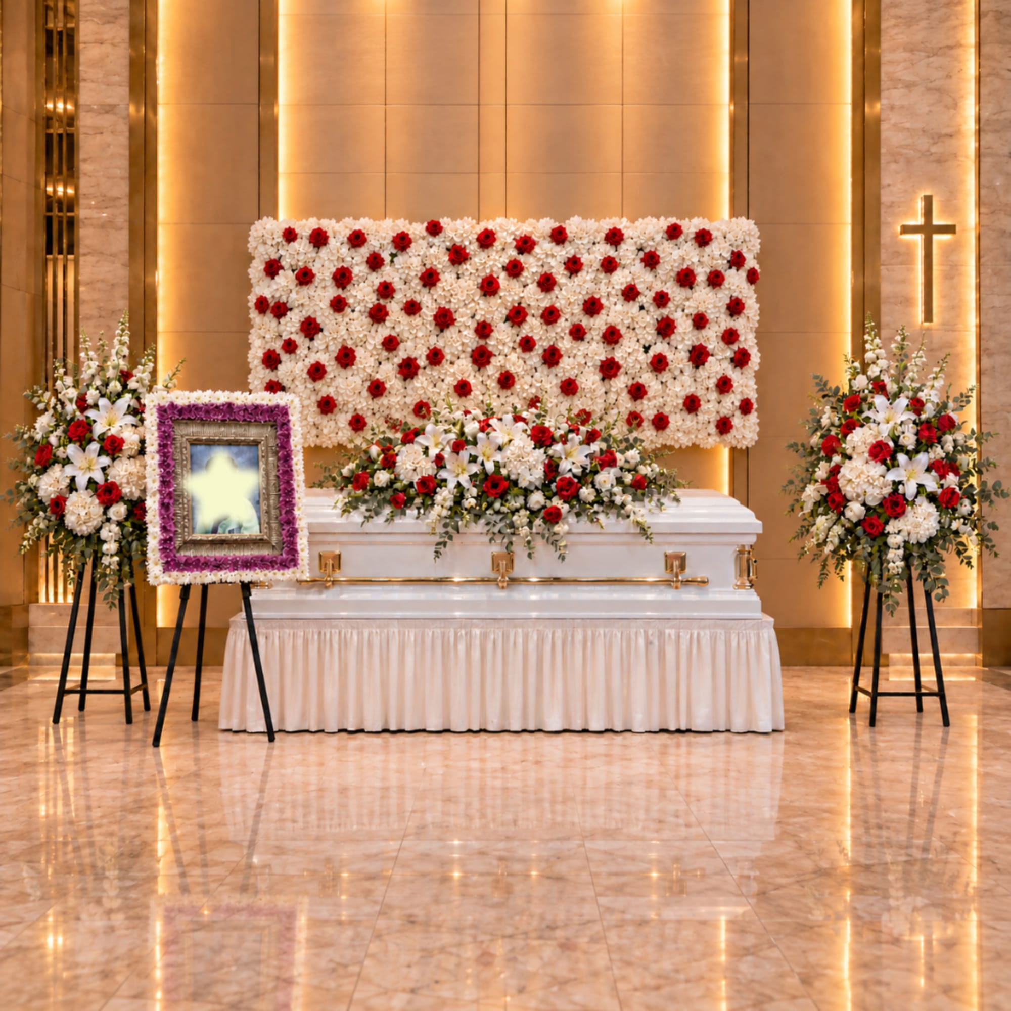 Funeral casket with red and white floral sprays in a chapel