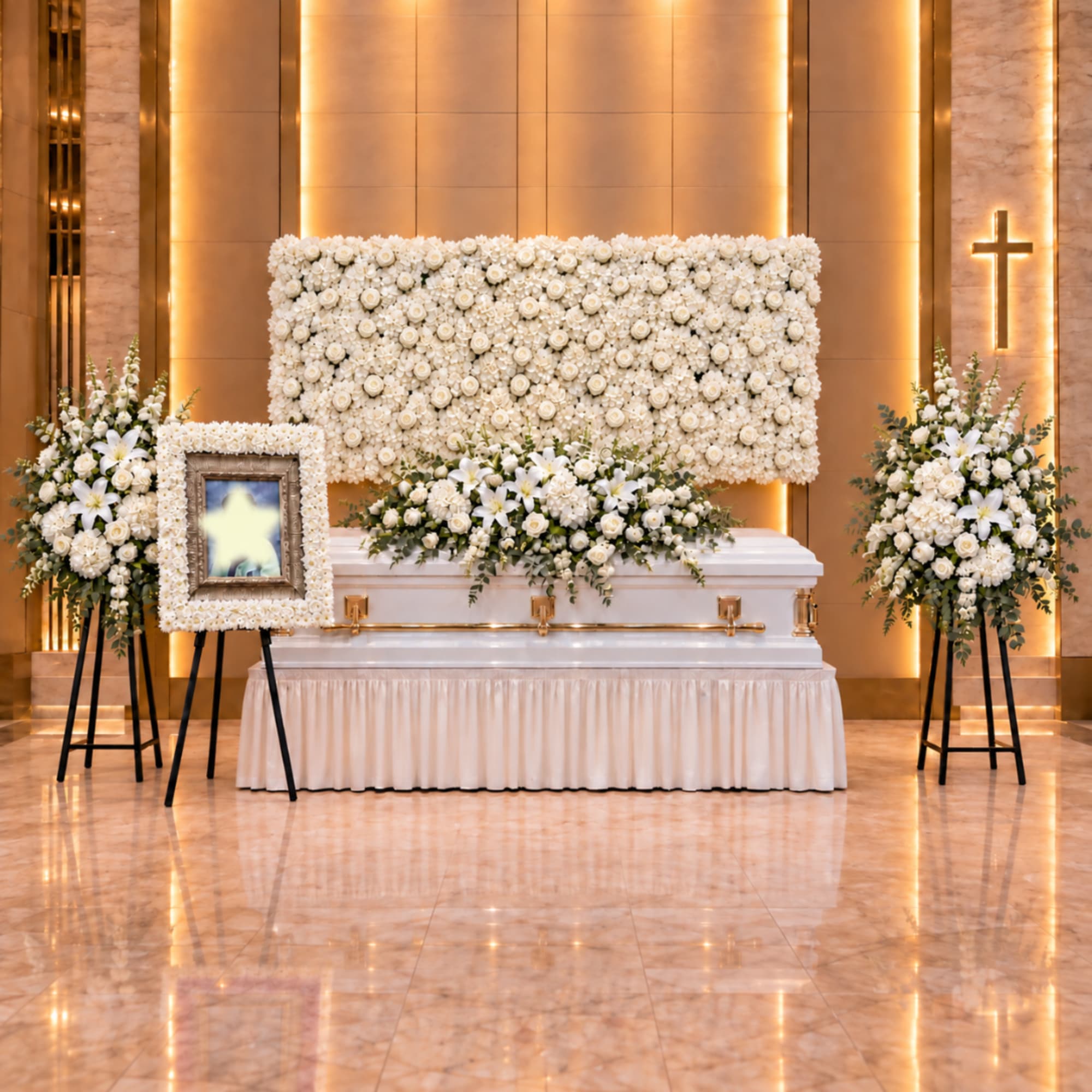 White floral funeral display with a casket and framed portrait