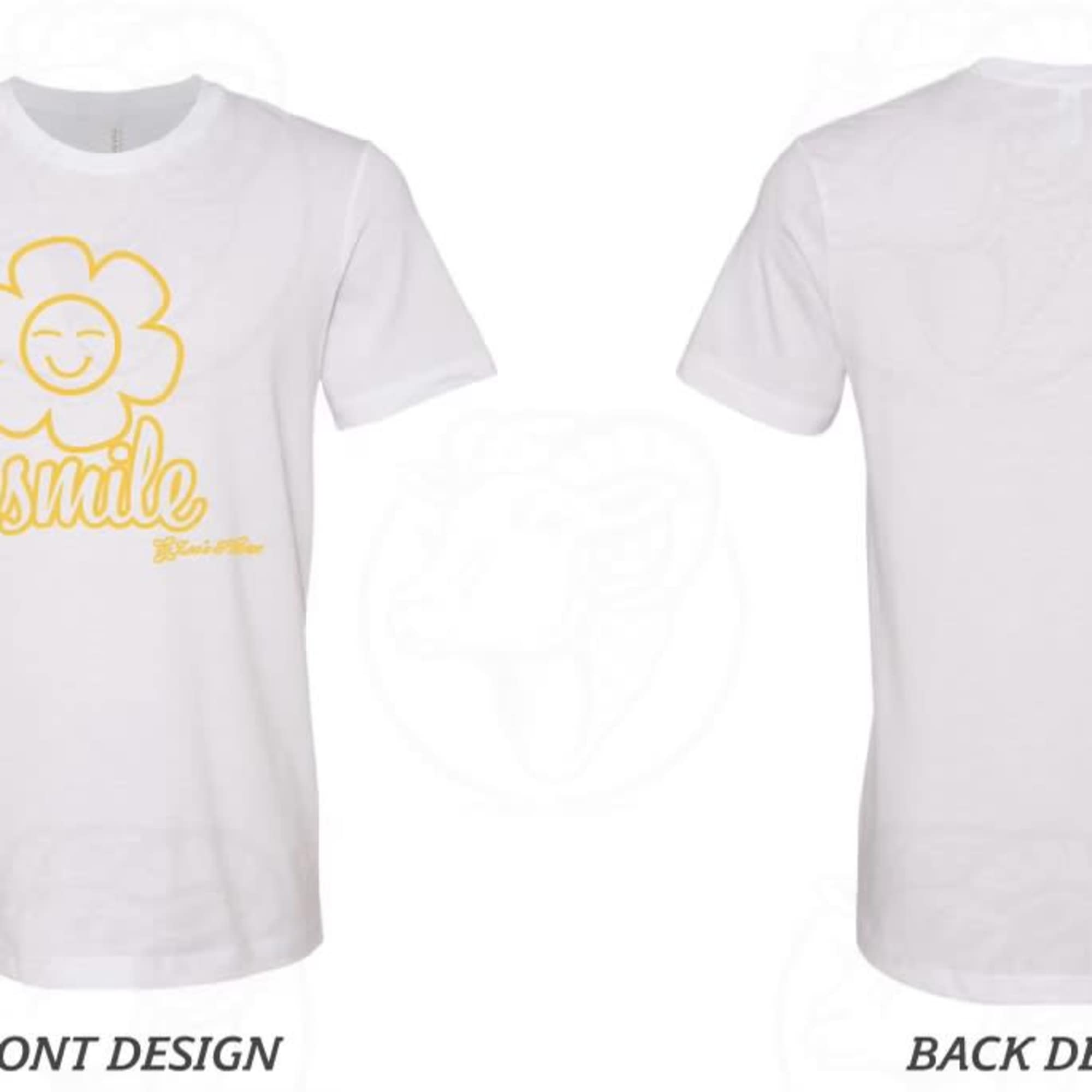 White T-shirt with a yellow smiling flower graphic on the front