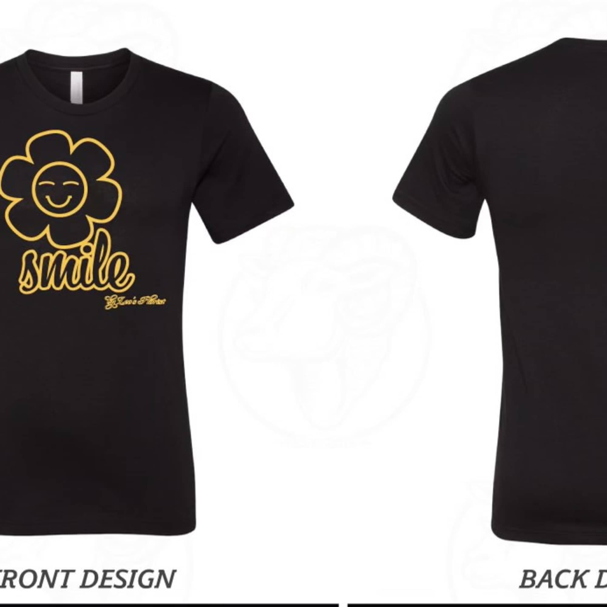 Black T-shirt with a yellow smiling flower graphic and text on the front