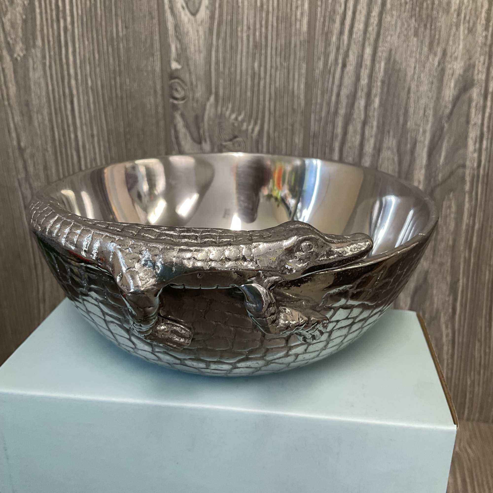 A playful hammered pewter bowl with an embossed alligator crawling along the, photo 3 of 3