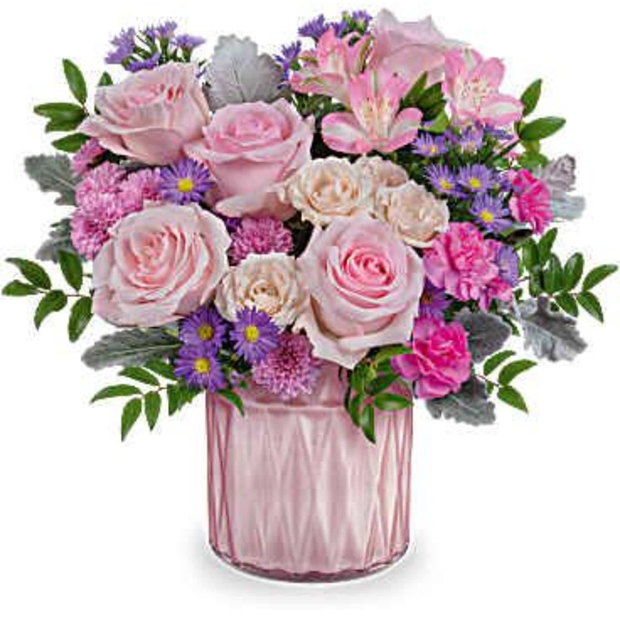 Pink and lavender mixed bouquet in a pink glass vase