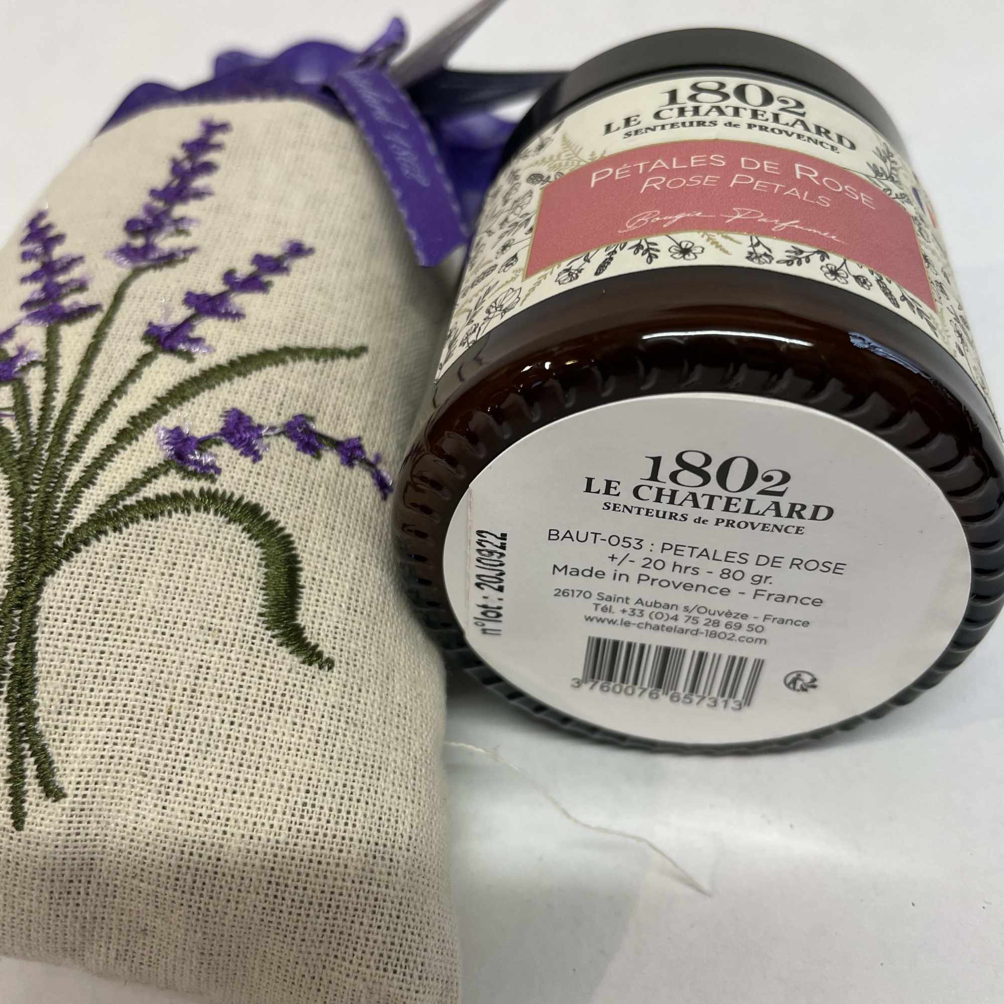 Lavender sachet beside a jar of rose petals