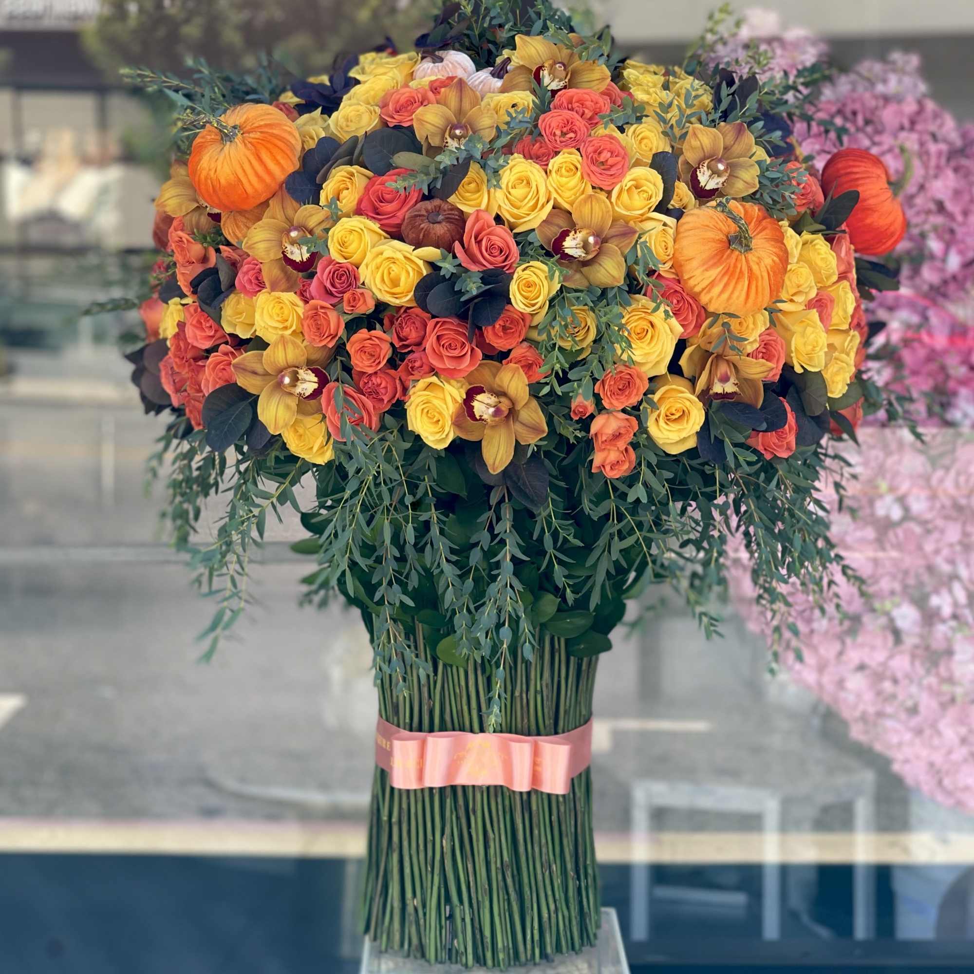 Our signature standing bouquet in the colors of autumn and with cute