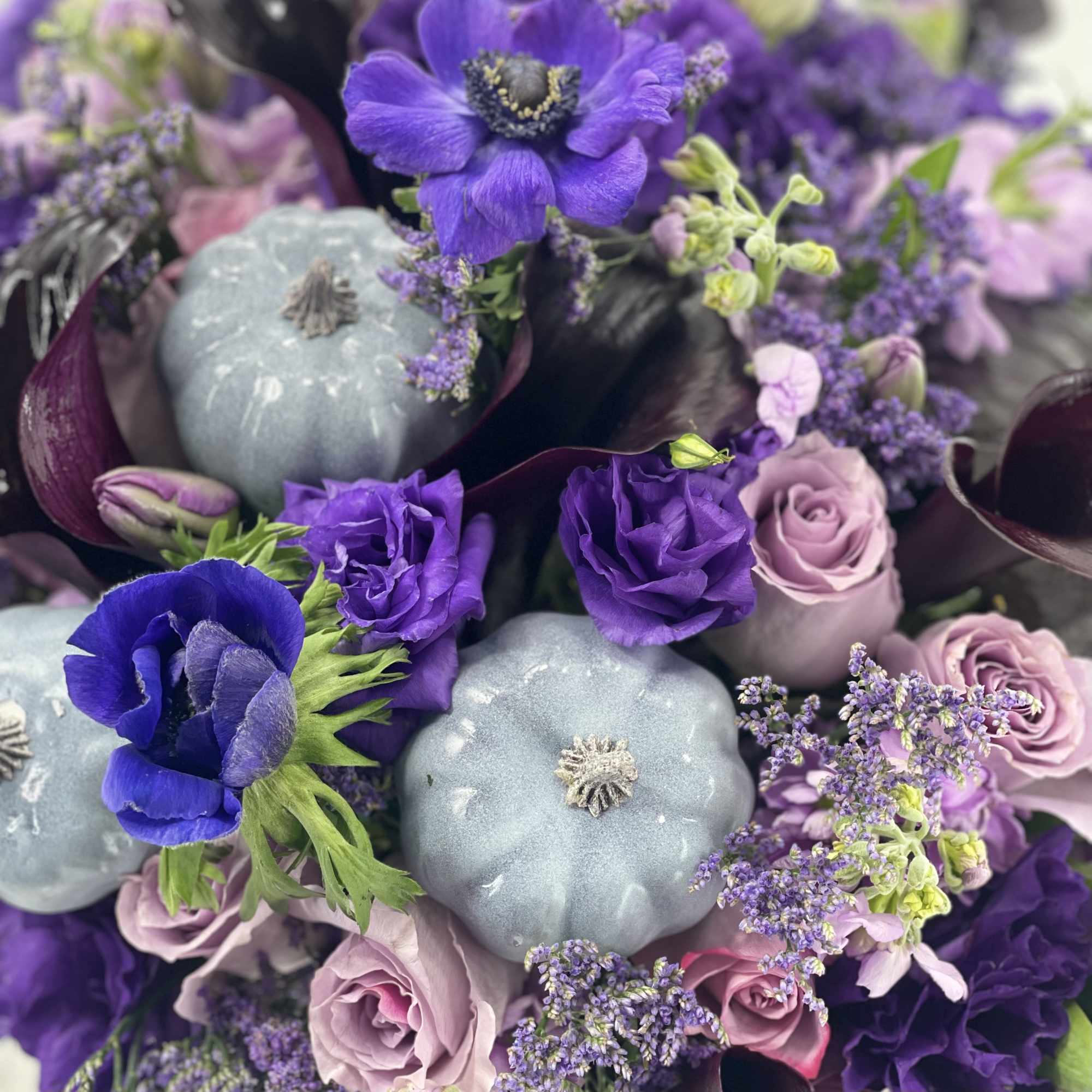 Beautiful dark brown pumpkin with the purple arrangement of fresh flowers!, photo 2 of 2