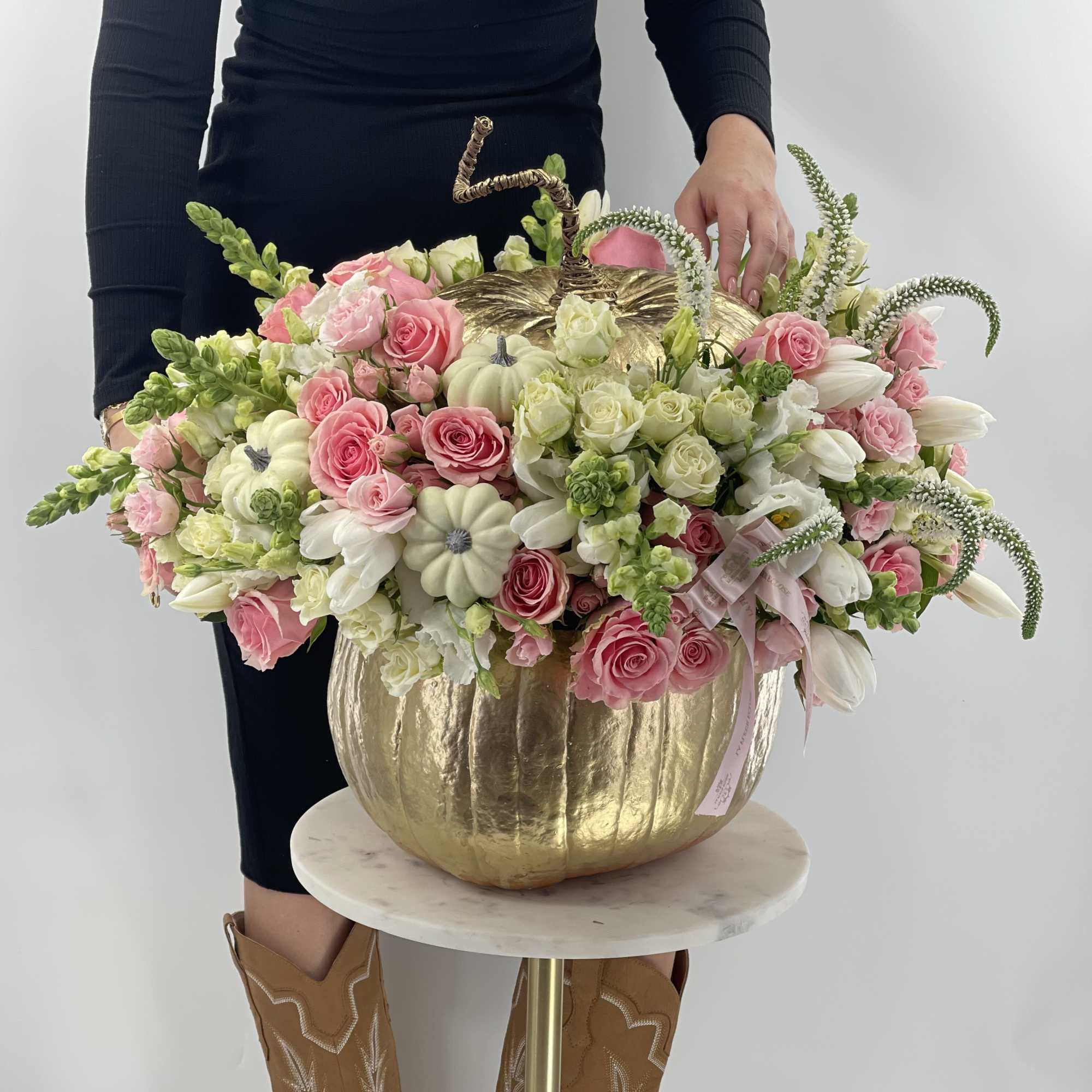 very large gold pumpkin with mix flowers . Standard in photo. Deluxe-, photo 2 of 2