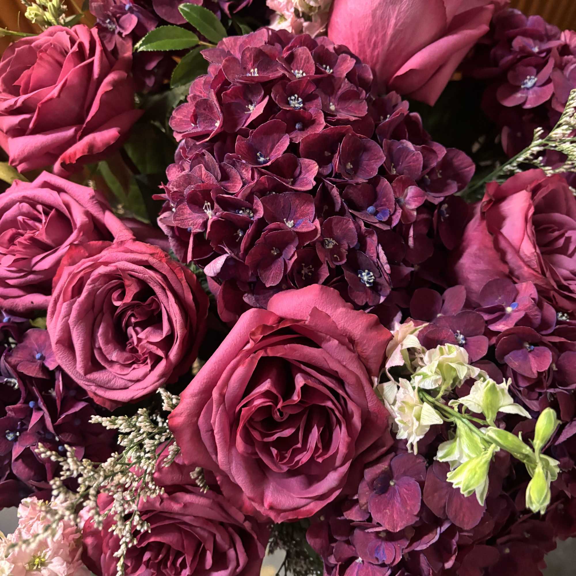 Bouquet of magenta roses and dark purple hydrangeas