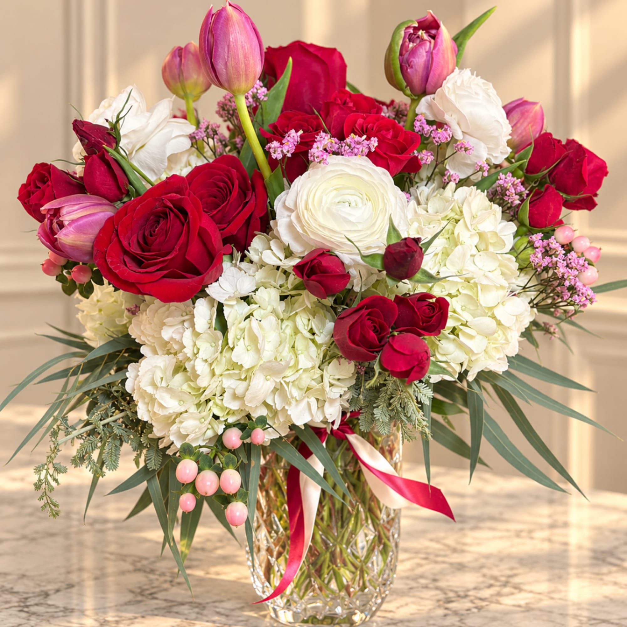 Red roses and white blooms in a glass vase with pink tulips, photo 2 of 2