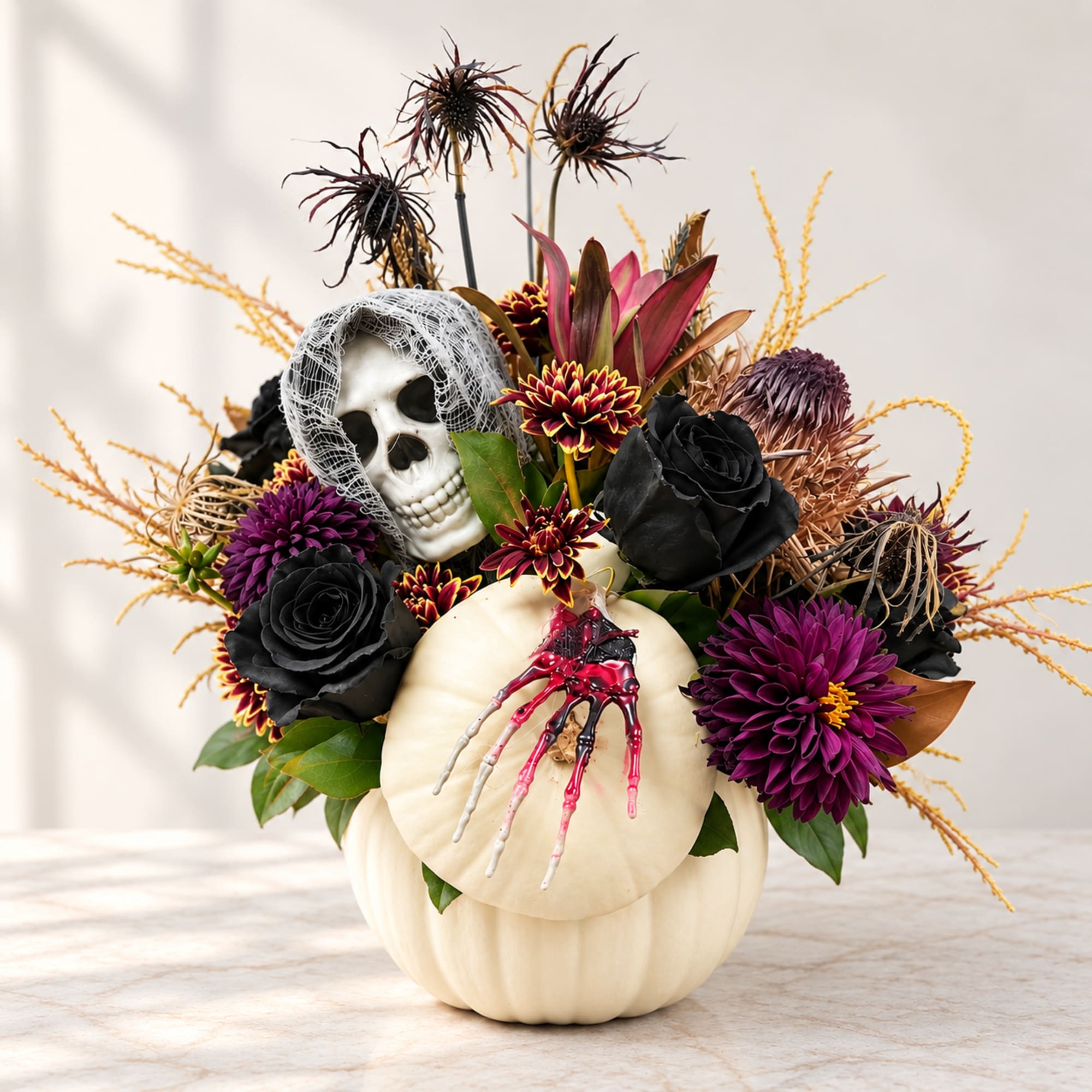 Halloween floral arrangement in a white pumpkin with a skull accent