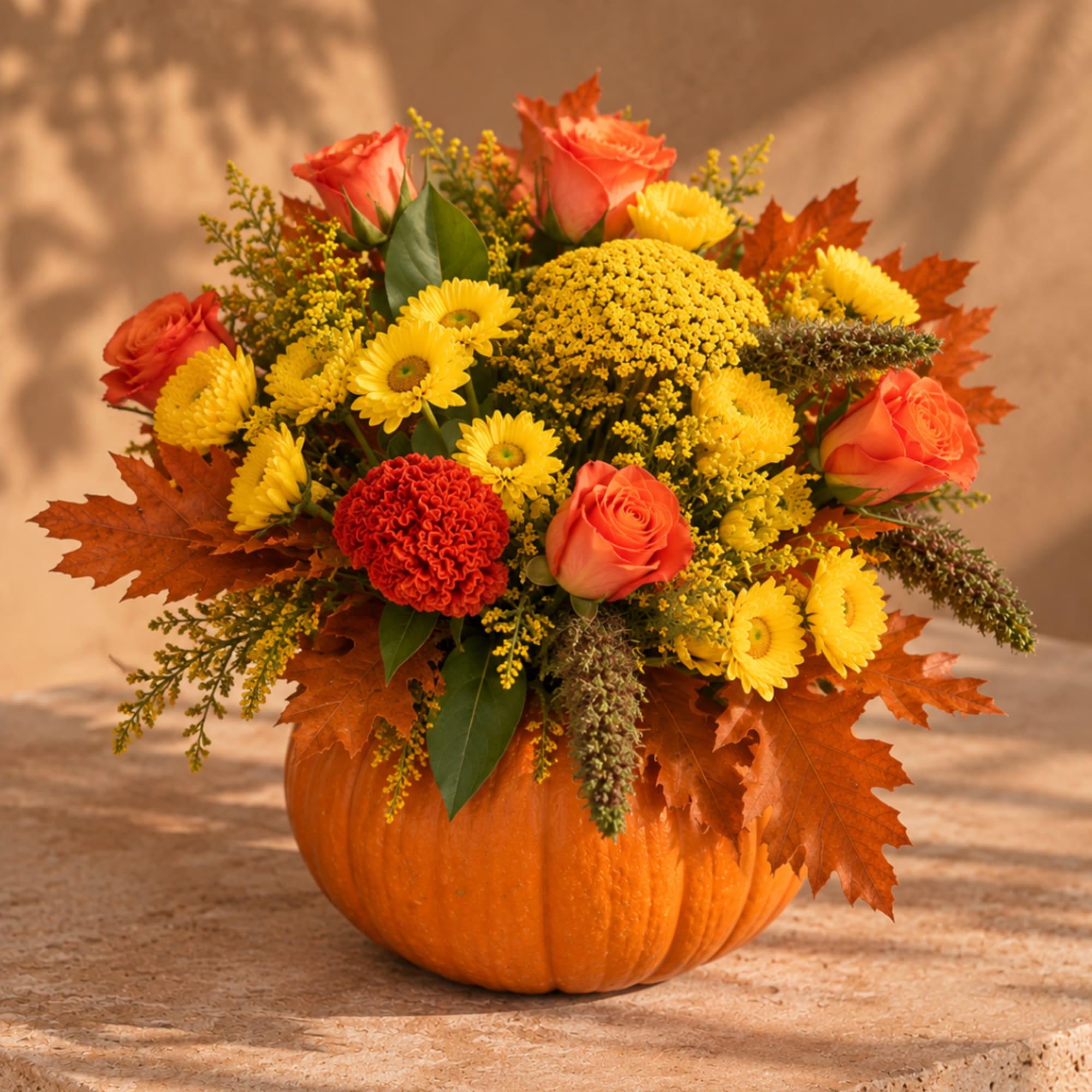 Autumn flower arrangement in a pumpkin with orange roses and yellow blooms