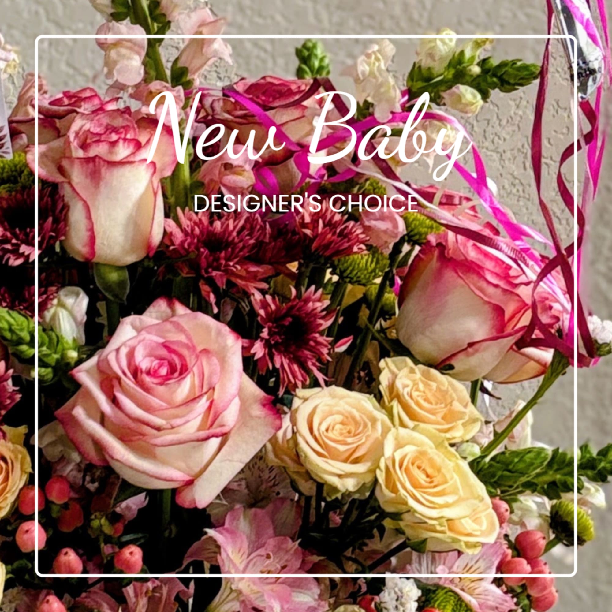 Pink and cream roses with mixed blooms and ribbon, overlaid with "New Baby" text