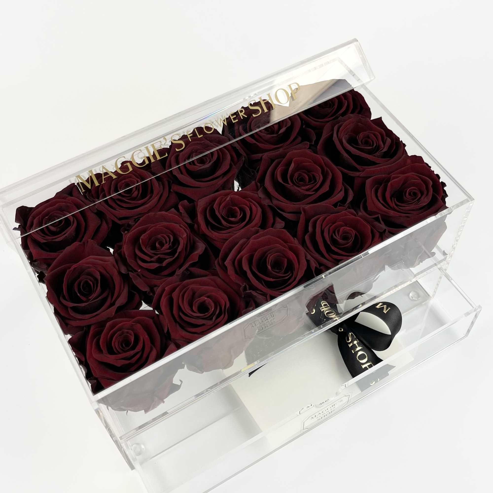 Box of deep red roses in a clear acrylic case, photo 2 of 2