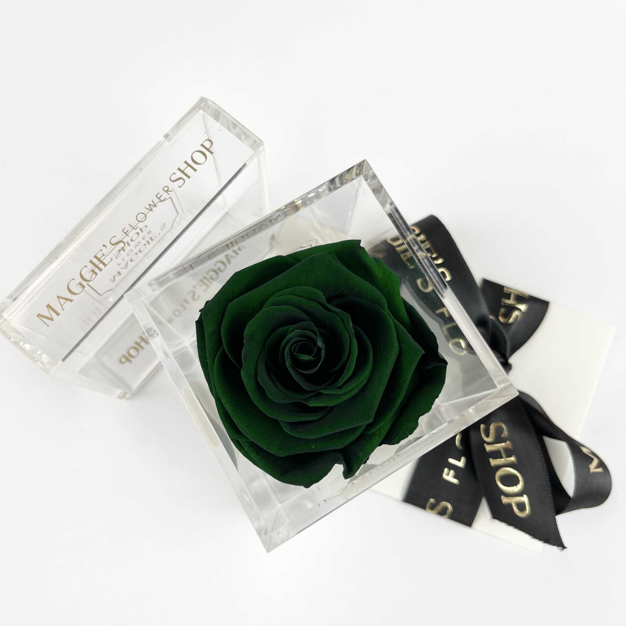 Single green rose in a clear acrylic box with a black ribbon