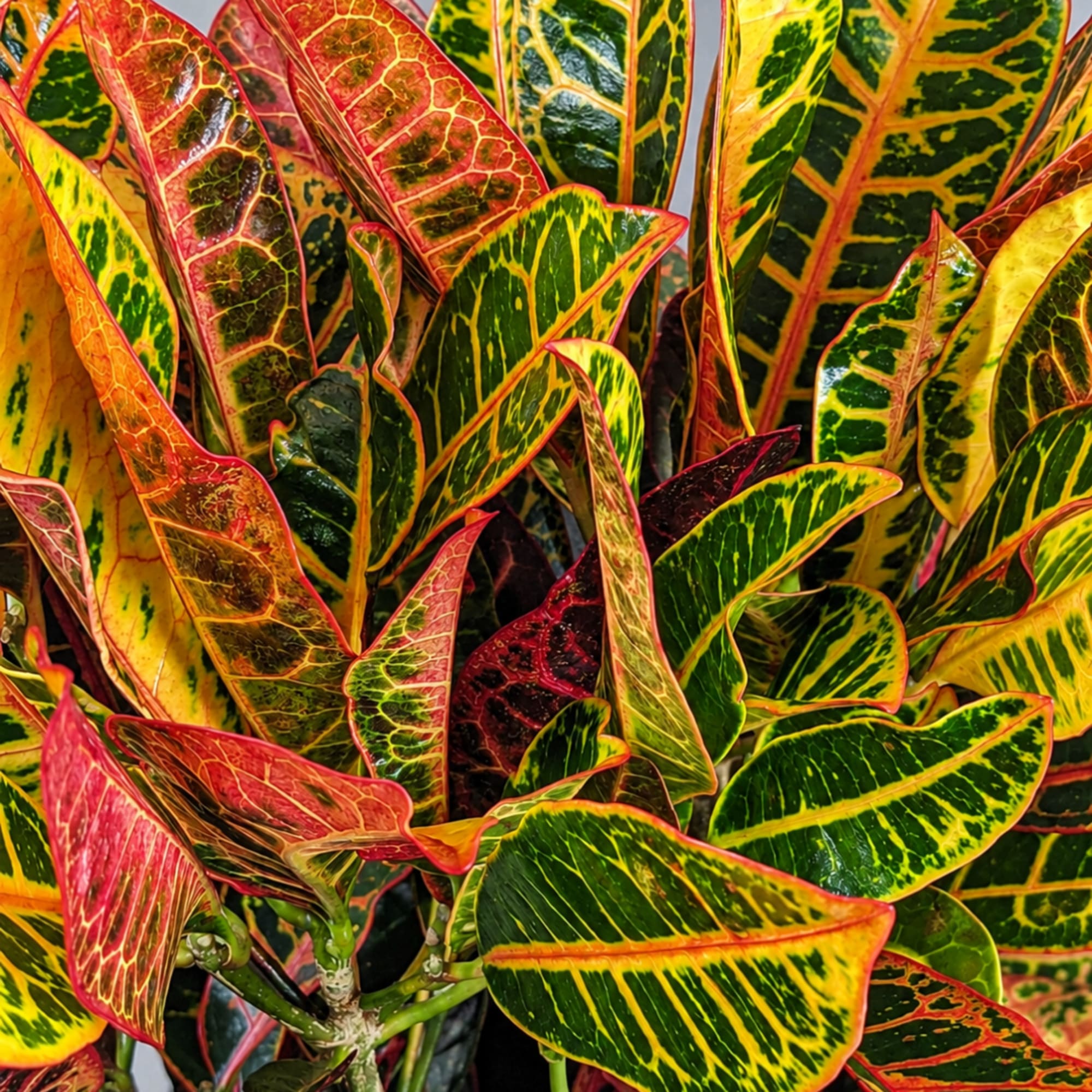 Close-up of a colorful croton plant with variegated red, yellow, and green leaves