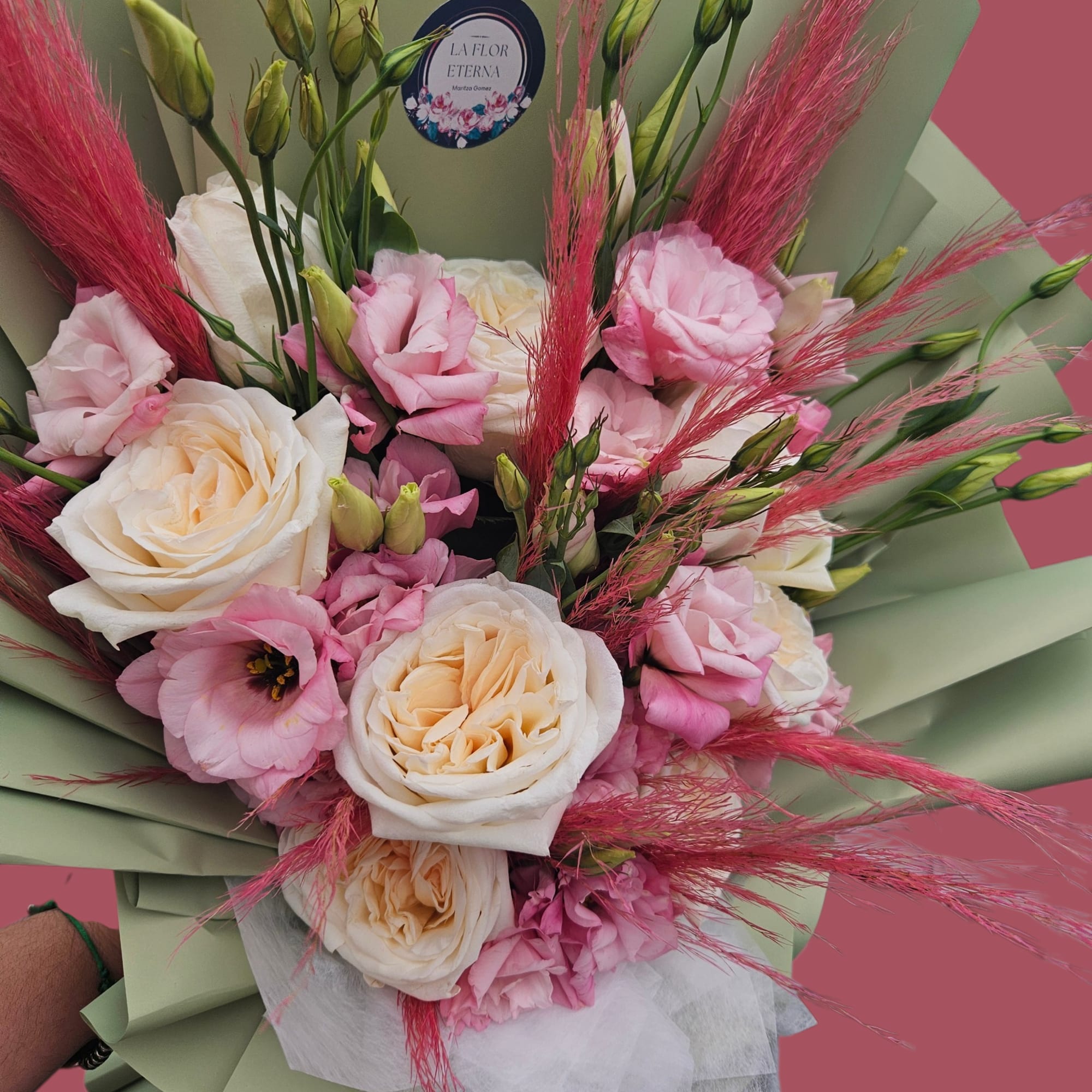 Blush pink and creamy white roses mingle with soft pink lisianthus and, photo 3 of 4