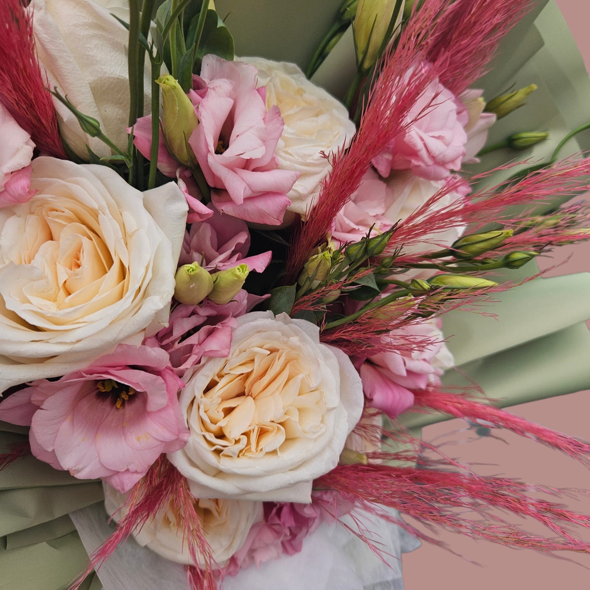 Blush pink and creamy white roses mingle with soft pink lisianthus and, photo 4 of 4
