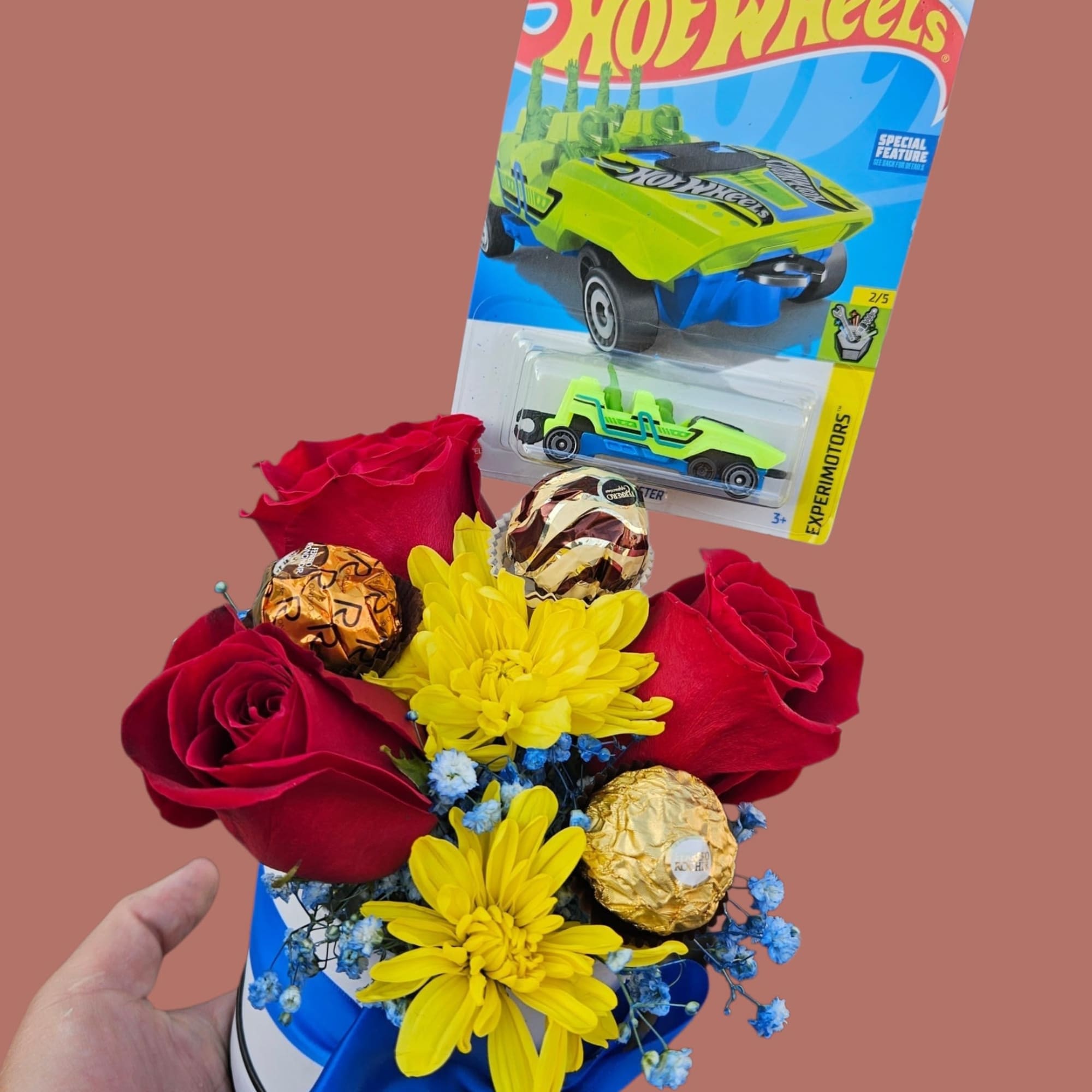 A cheerful, playfully themed gift arrangement that feels like a mini celebration