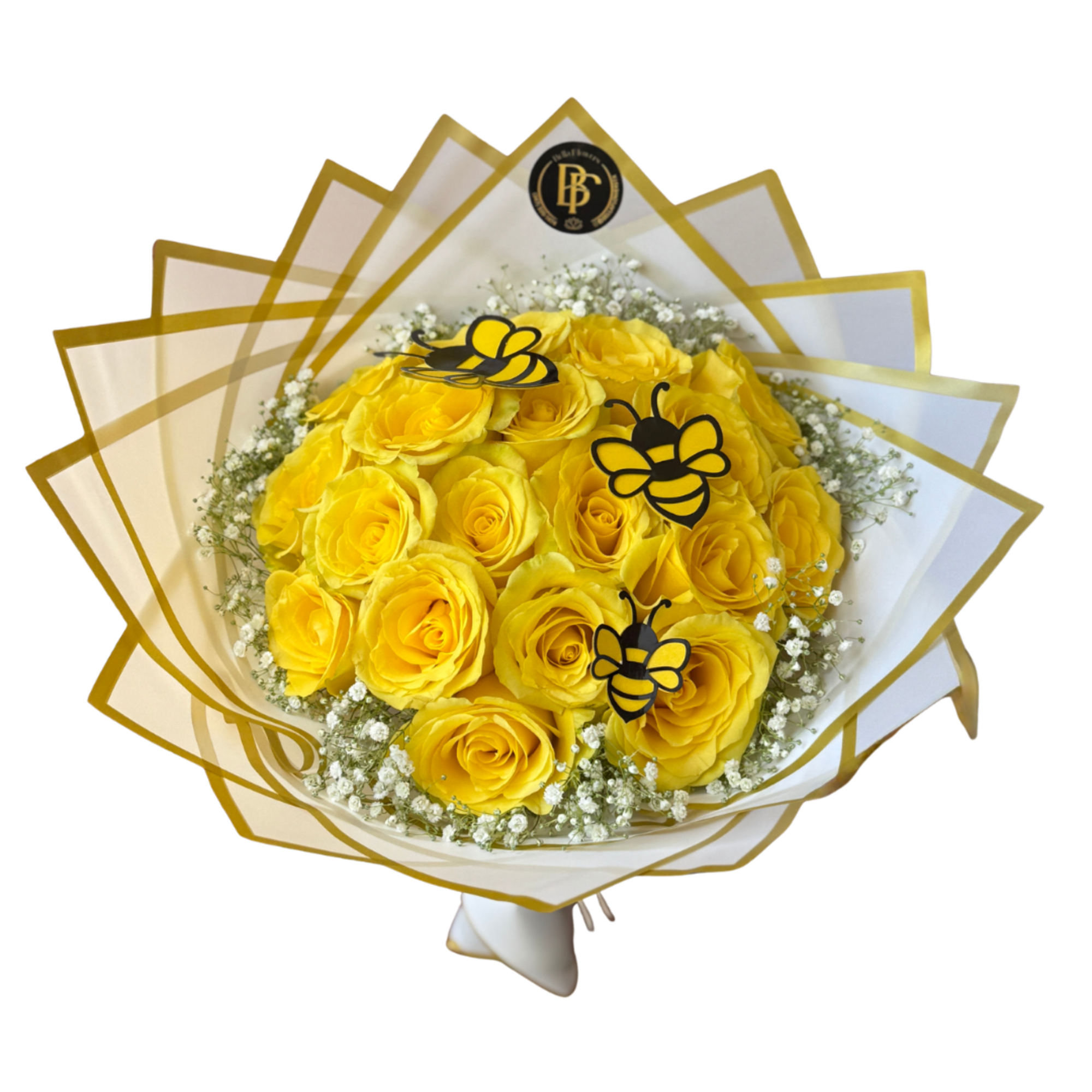 Yellow rose bouquet with white baby's breath and bee decorations
