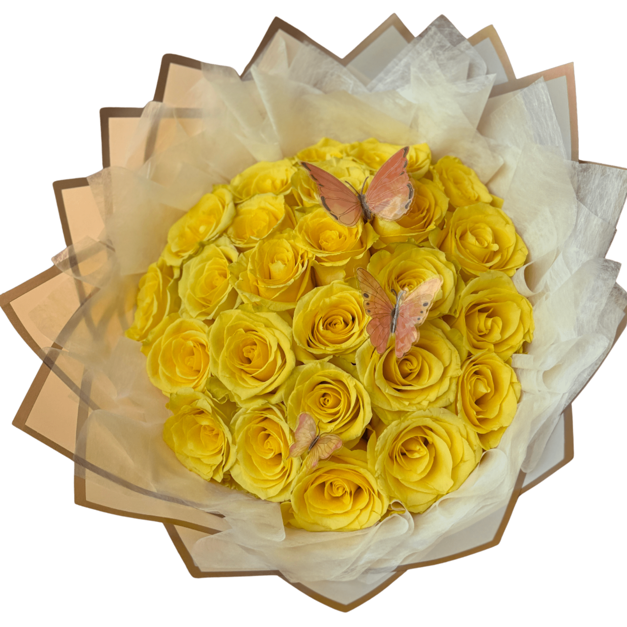 Bouquet of yellow roses wrapped in pale paper with butterfly accents, photo 2 of 2