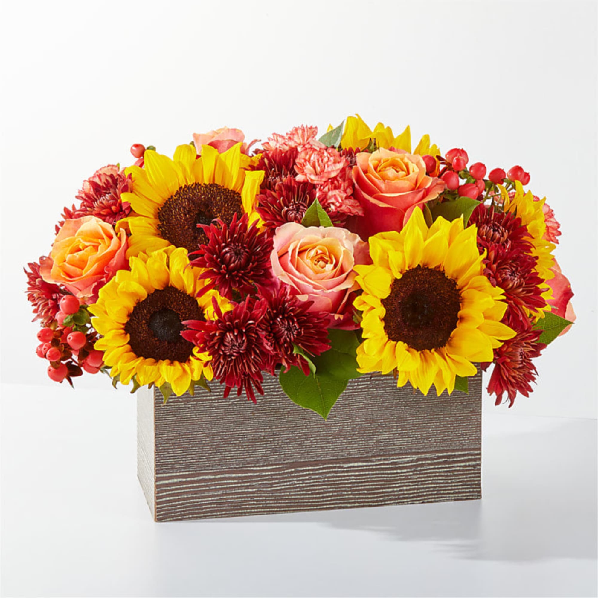 Sunflower and rose arrangement in a rectangular wooden box, photo 2 of 4