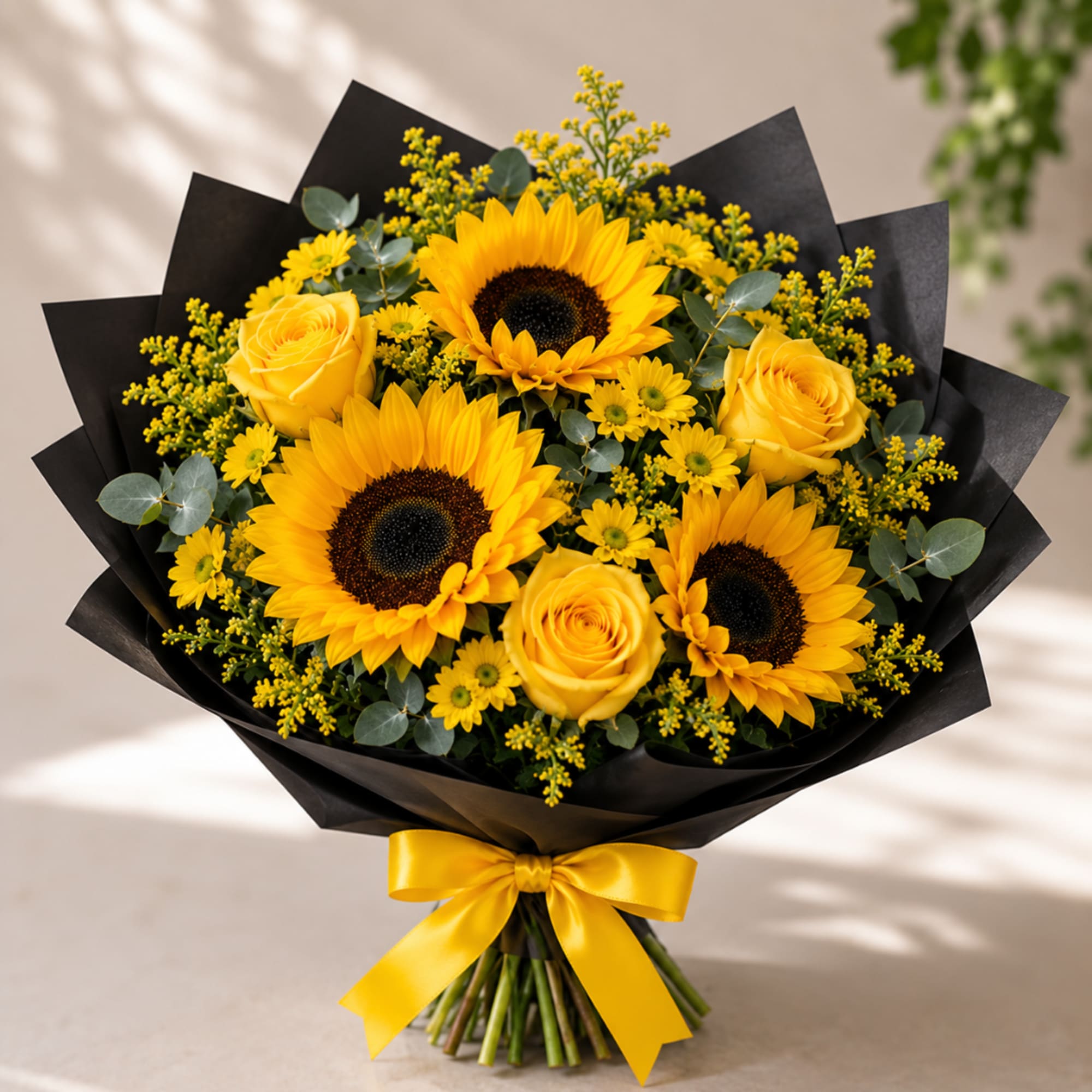Bouquet of yellow sunflowers and roses wrapped in black paper with a yellow ribbon