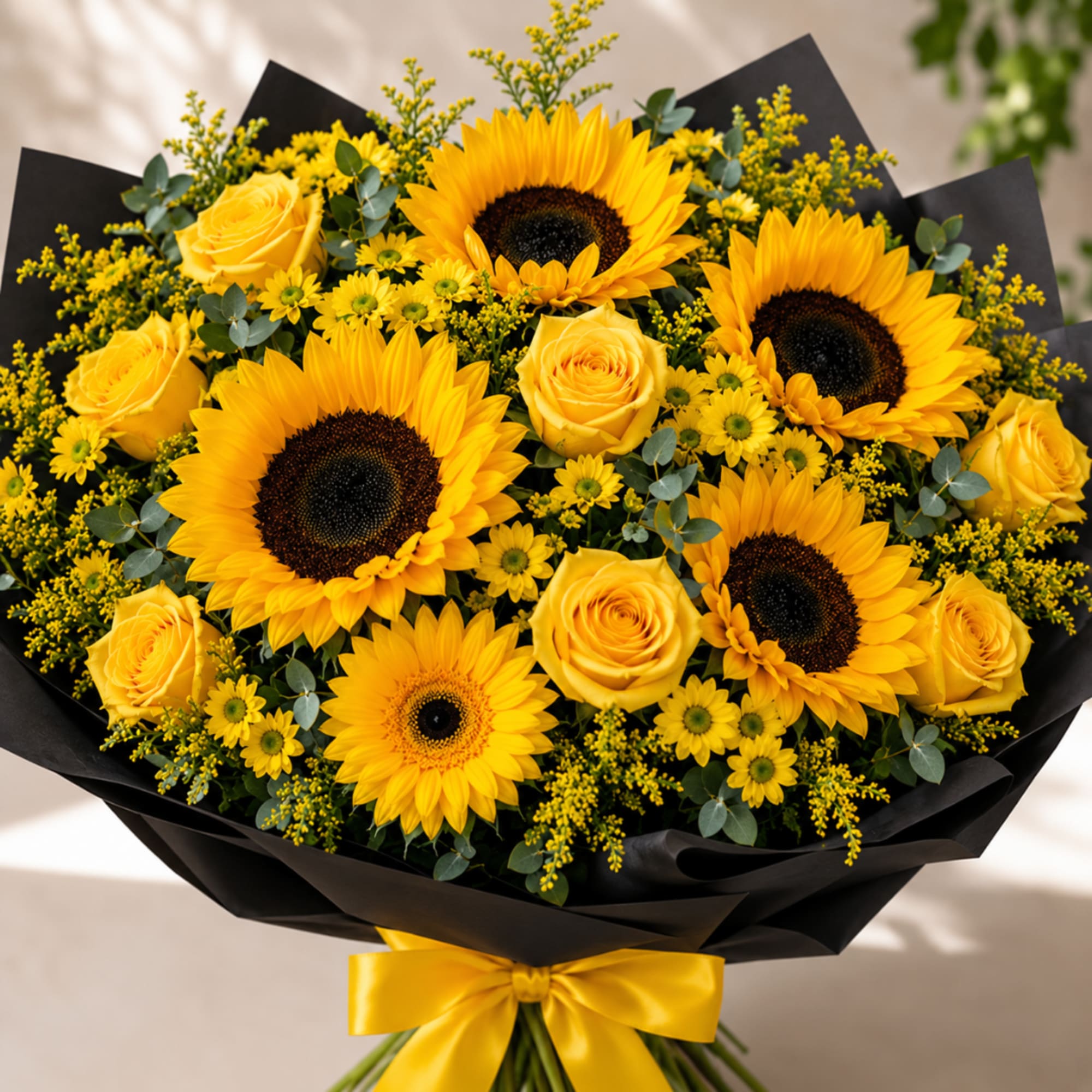 Bouquet of yellow sunflowers and roses wrapped in black paper with a yellow ribbon