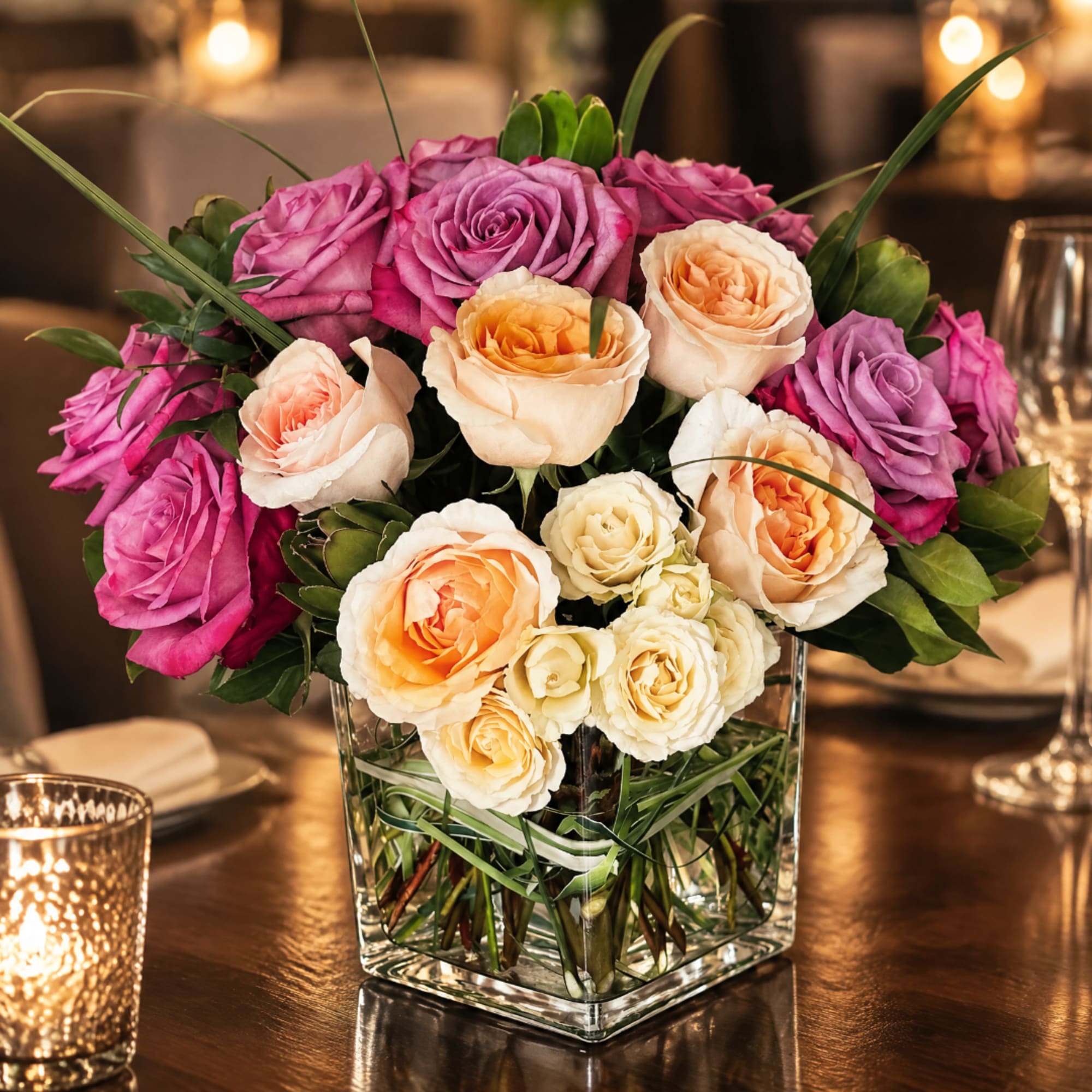 Pink and peach roses arranged in a clear square vase