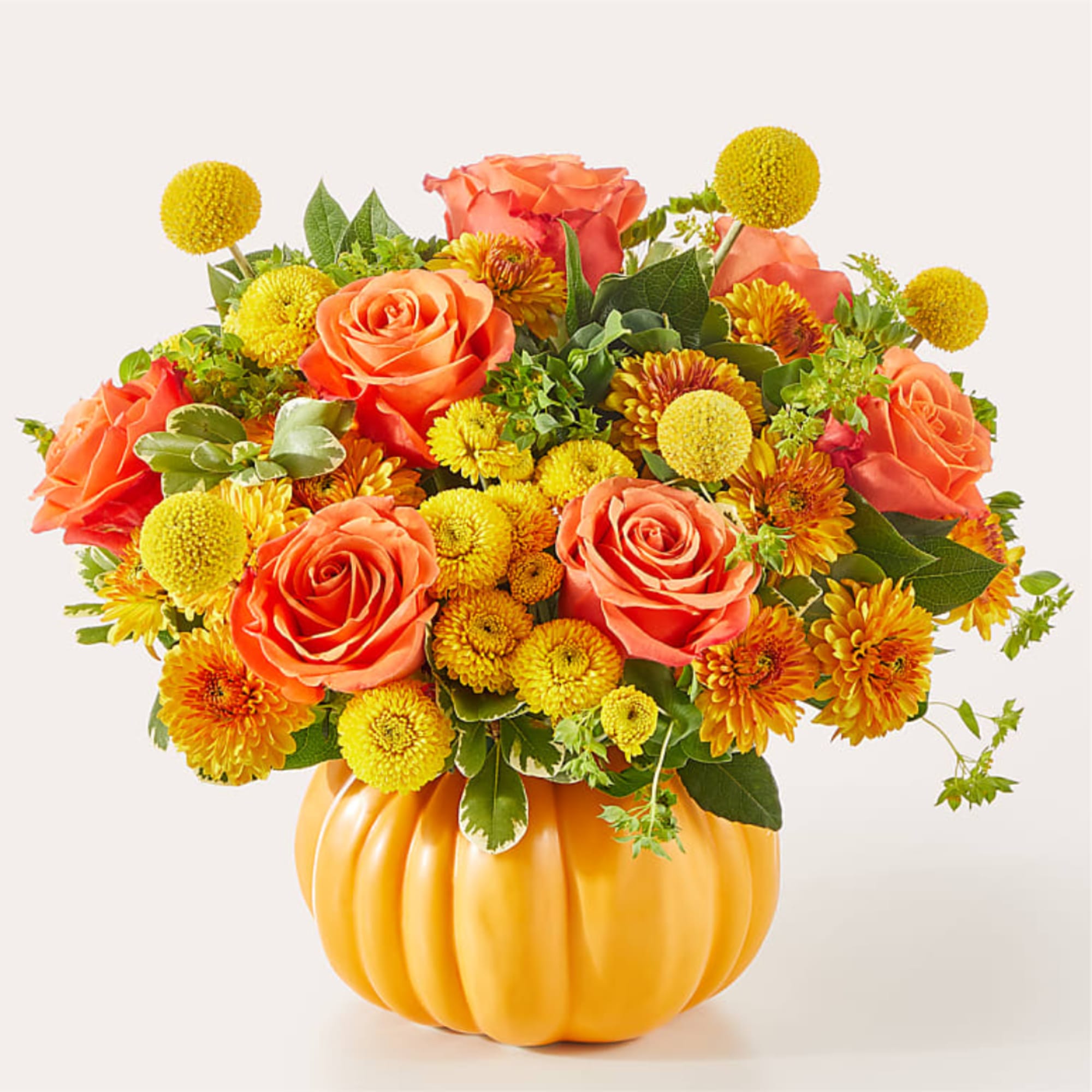 Orange roses and yellow mums in a pumpkin-shaped vase, photo 3 of 4