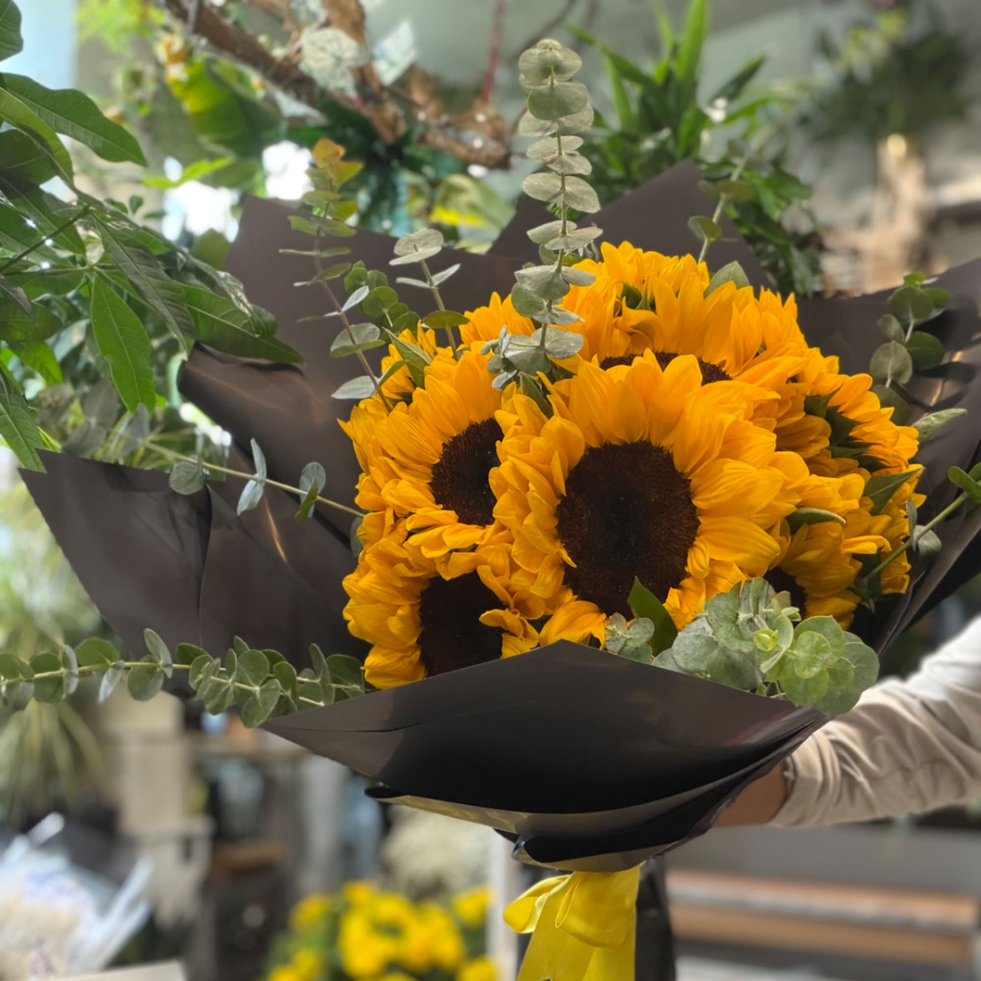 Bouquet of sunflowers wrapped in black paper with a yellow ribbon