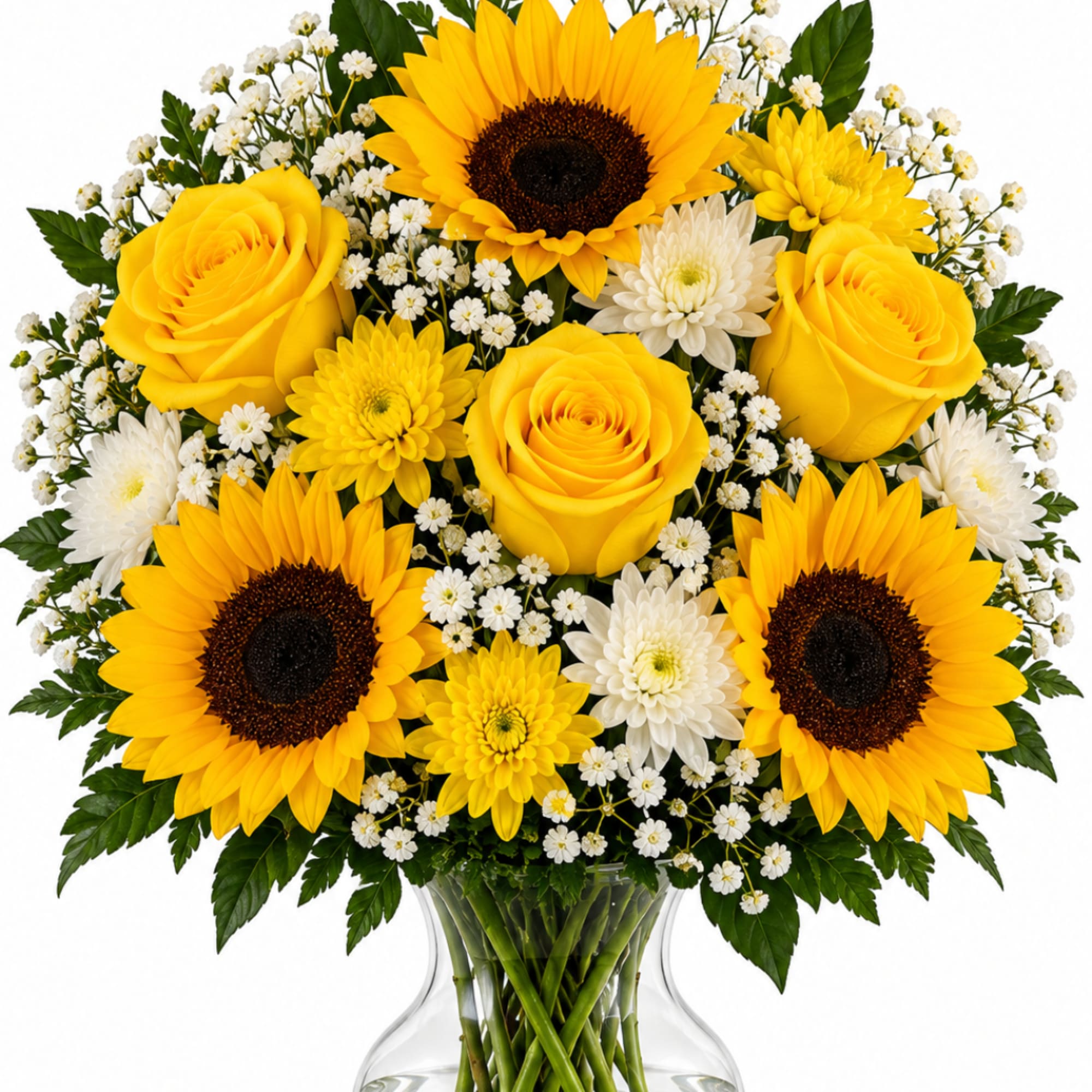 Yellow roses and sunflowers arranged in a clear glass vase with white filler flowers