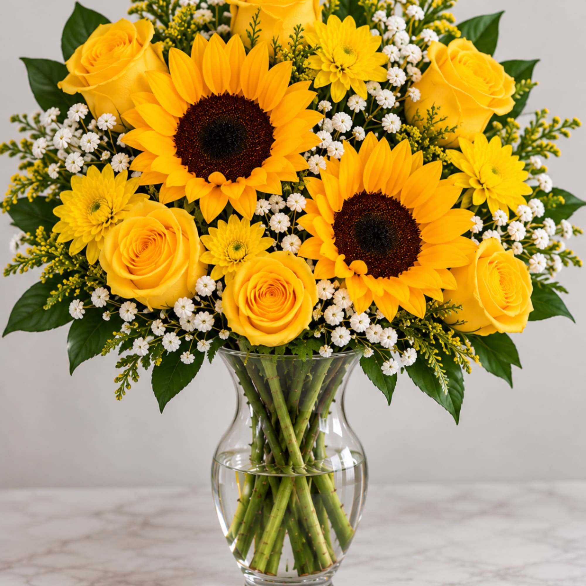 Yellow sunflowers and roses arranged in a clear glass vase