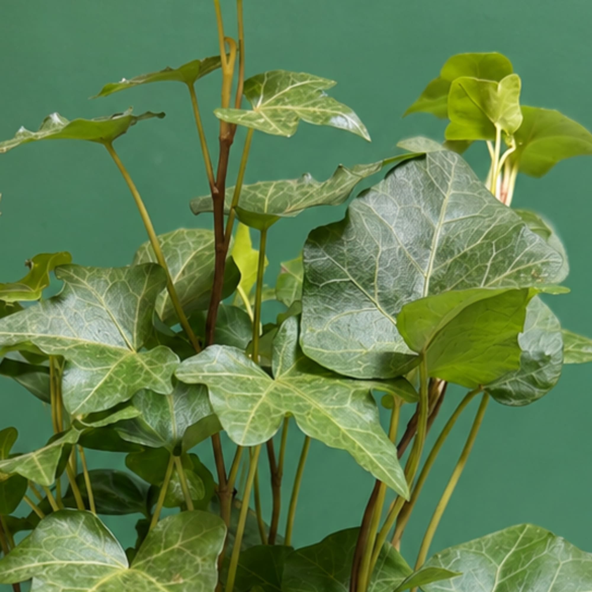 Potted ivy plant with variegated green leaves against a teal background