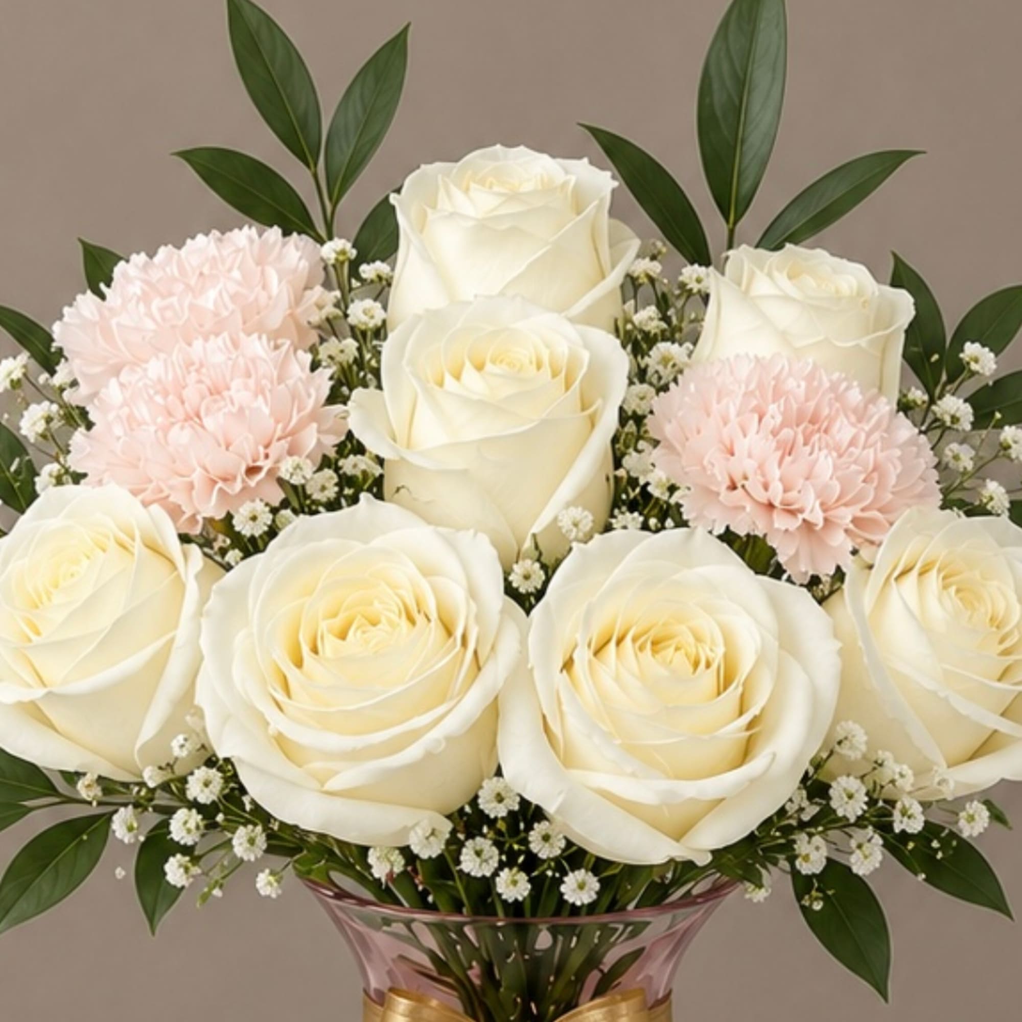 Bouquet of white roses and pale pink carnations in a vase