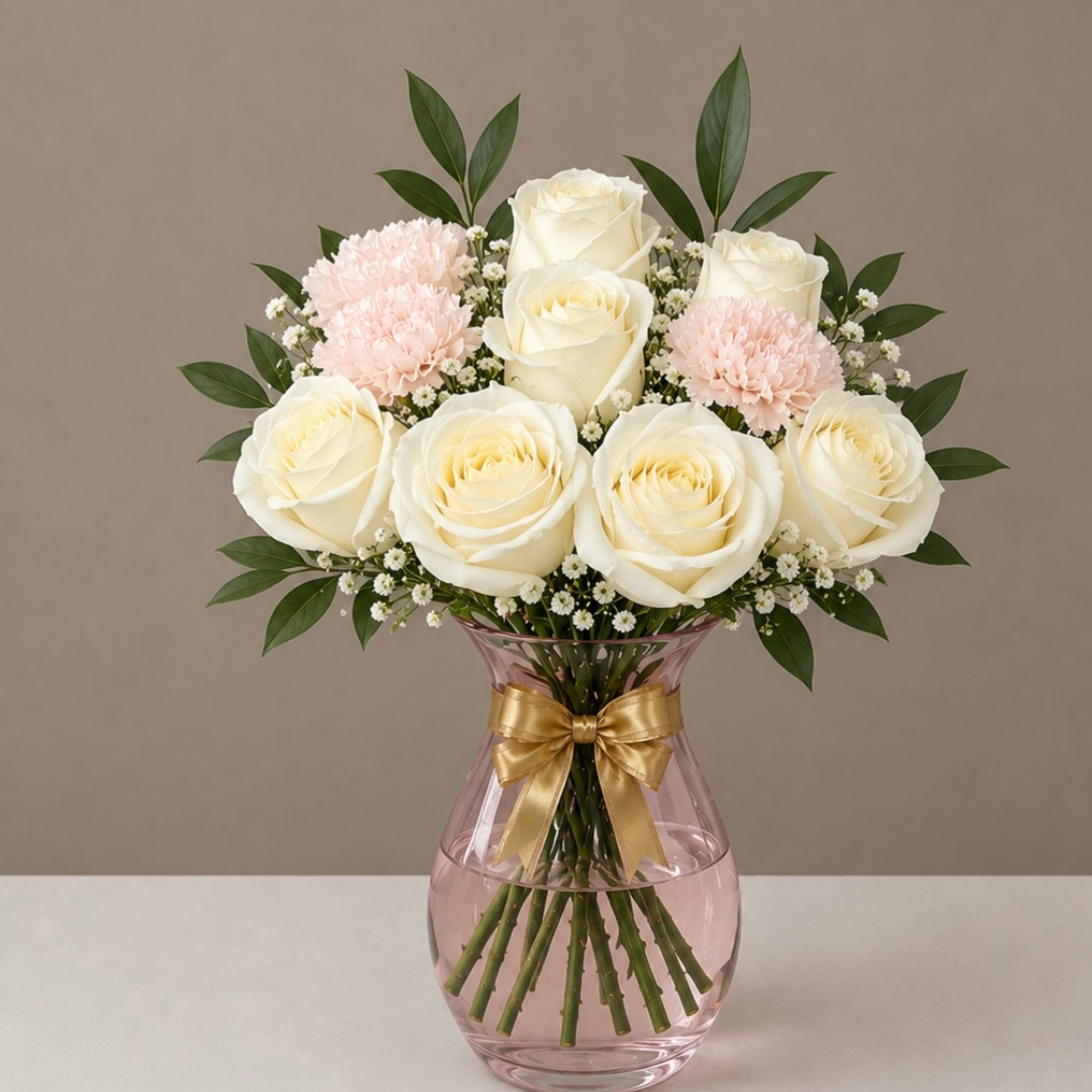 White roses and pale pink carnations in a pink glass vase with a gold ribbon