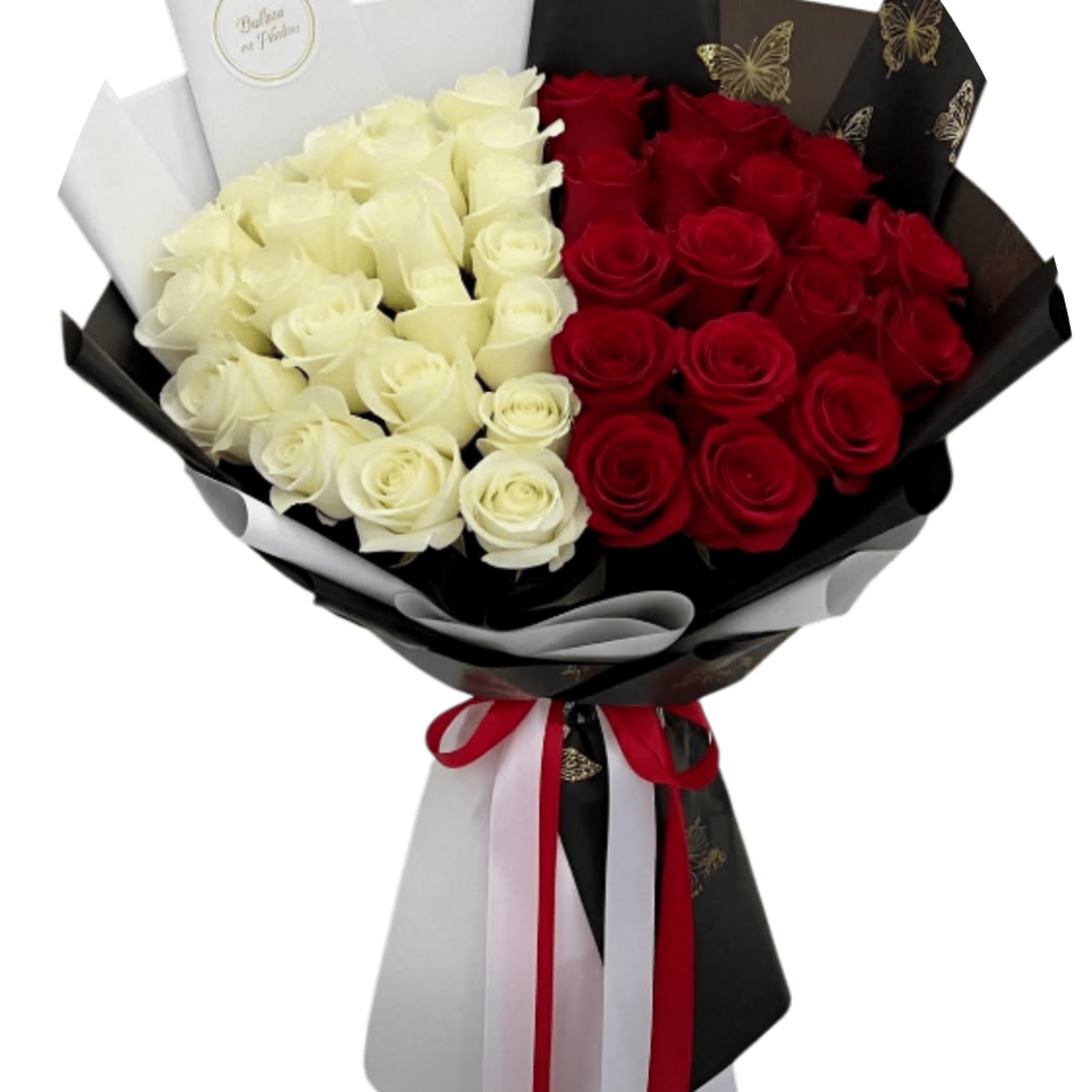 Two tightly clustered bouquets of roses-one deep, velvety red and the other