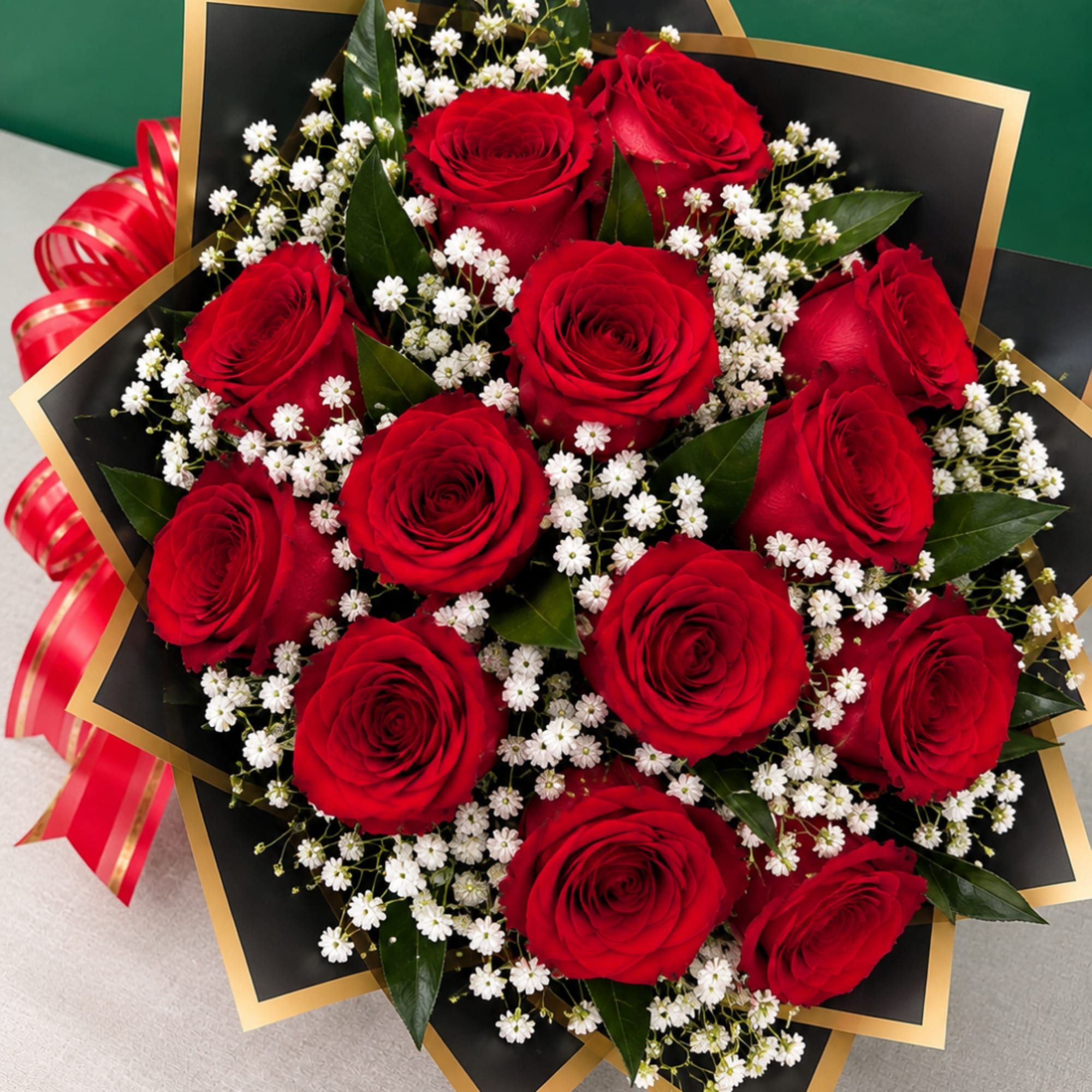 Bouquet of red roses with white baby's breath in black-and-gold wrap