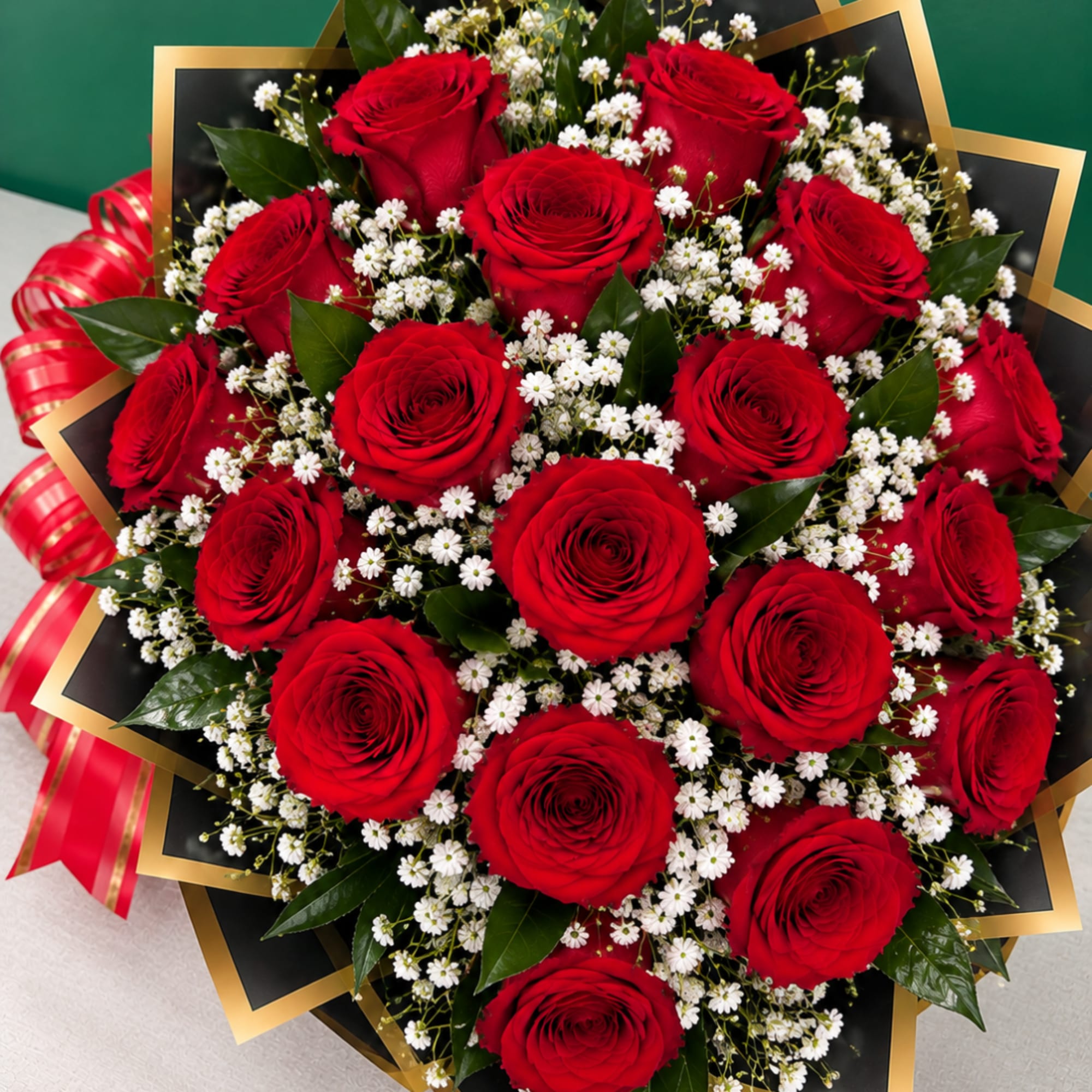 Bouquet of red roses with white baby's breath and black-and-gold wrapping