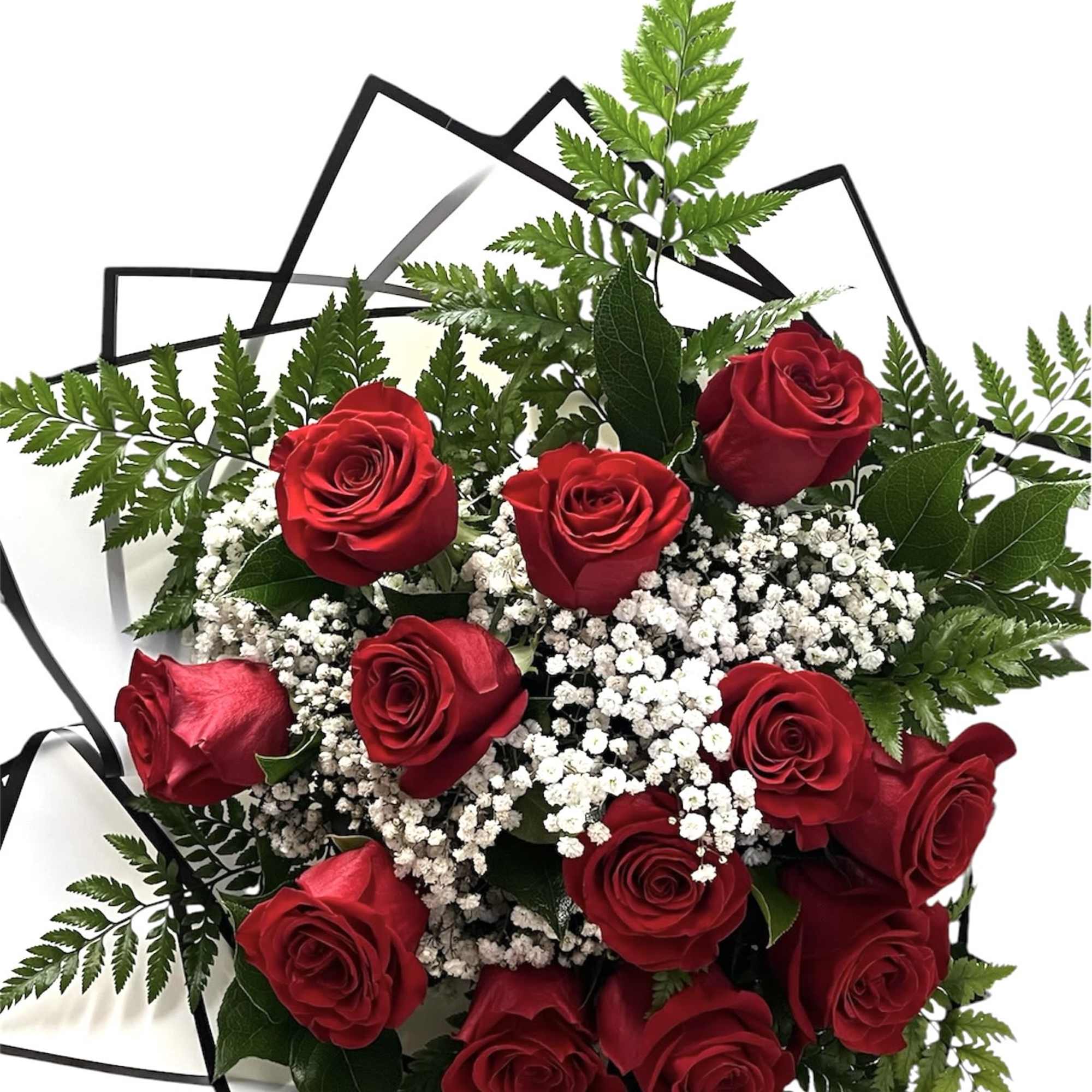 Bouquet of red roses with white baby's breath and fern foliage