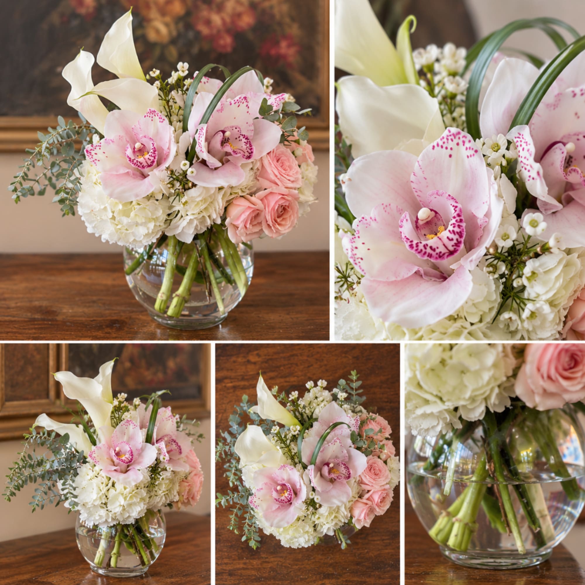 Pink orchids and white calla lilies in a glass vase