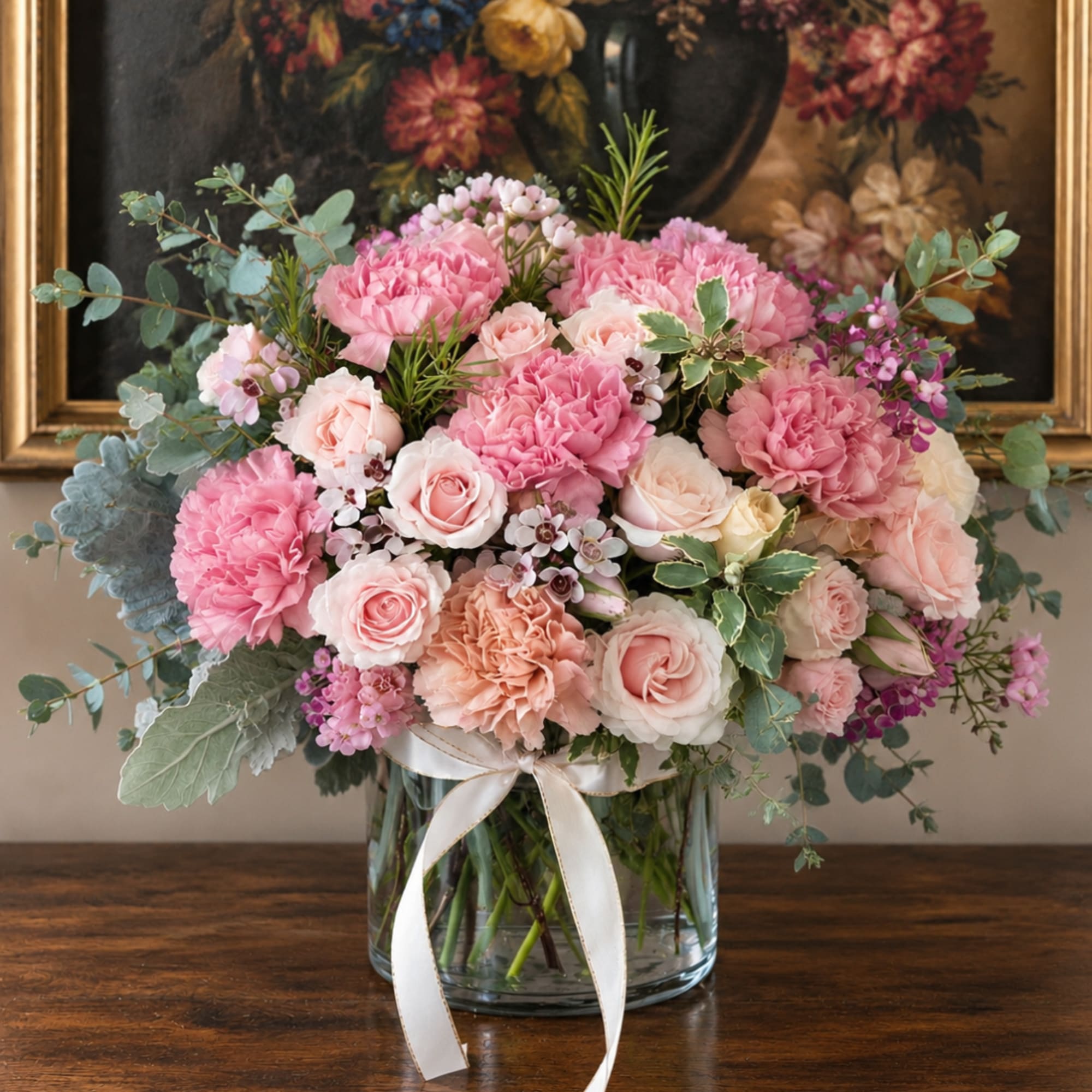 Pink roses and carnations arranged in a glass vase with a white ribbon