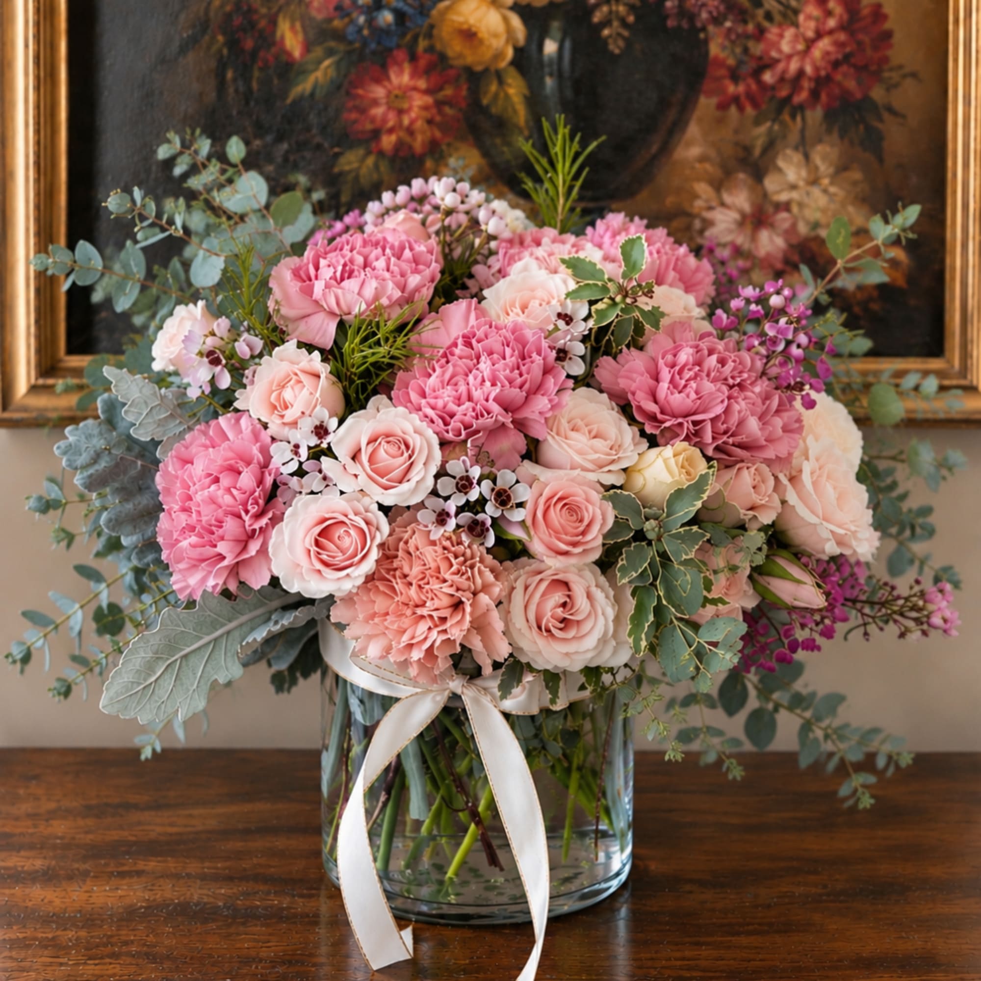 Pink and peach bouquet in a glass vase with a white ribbon