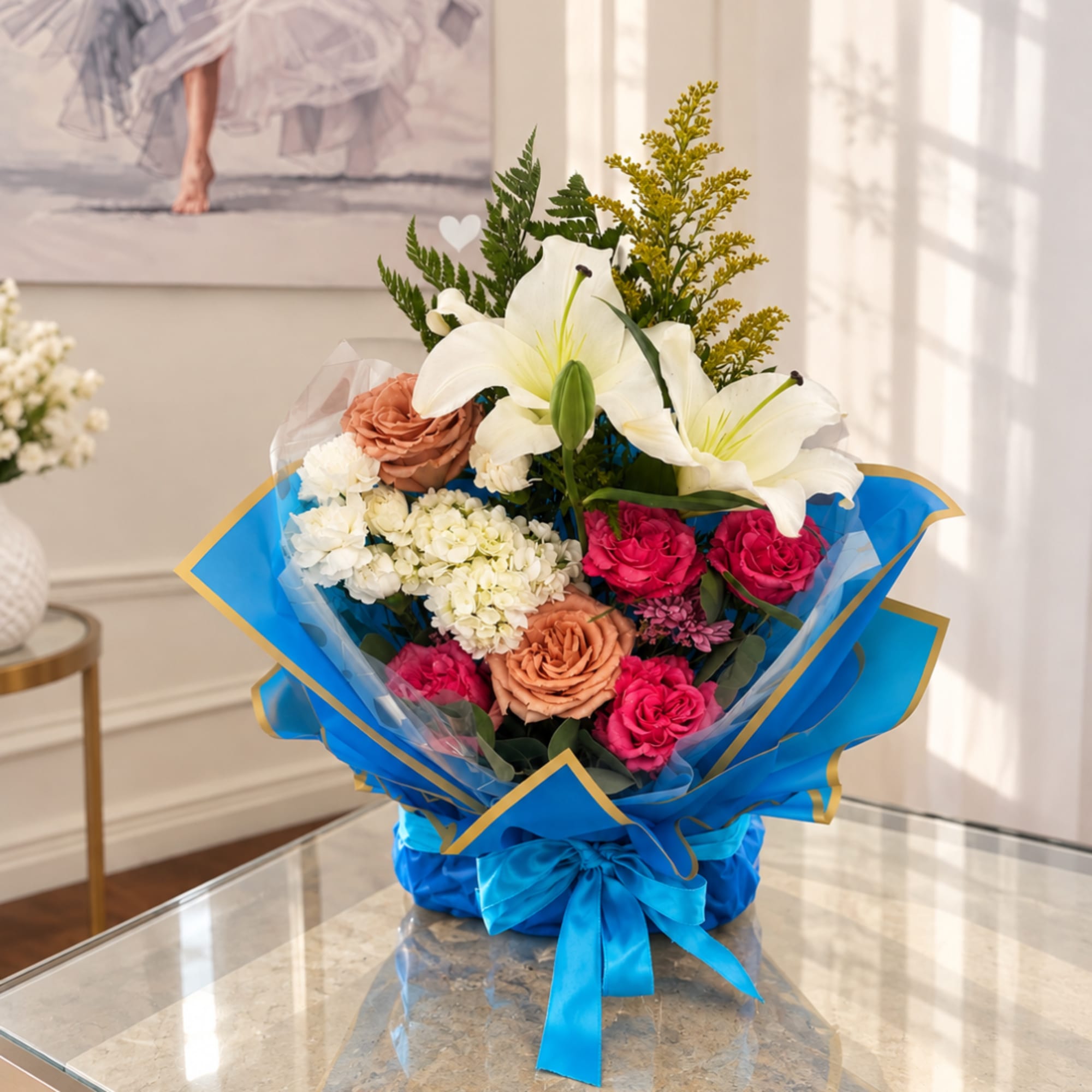 Bouquet of white lilies, roses, and mixed blooms wrapped in bright blue paper