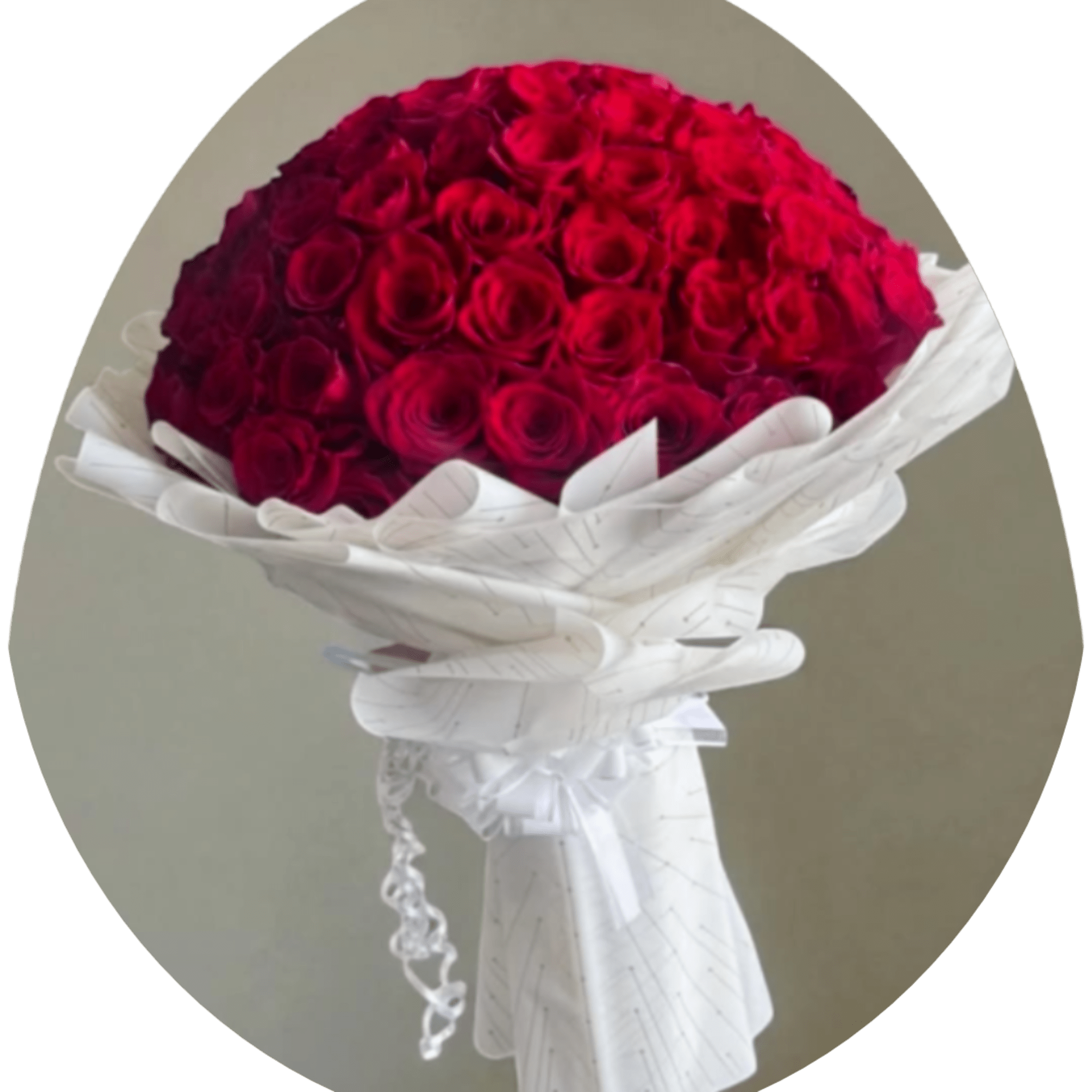 A breathtaking dome of deep red roses wrapped in crisp white paper-this