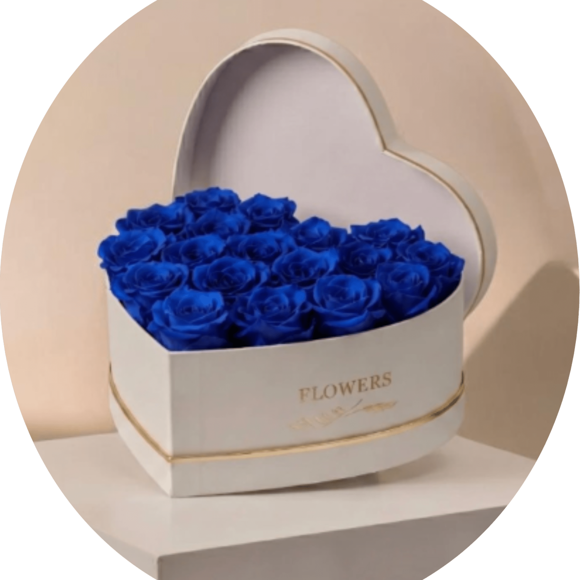 A striking heart-shaped box filled with densely packed vivid blue roses creates