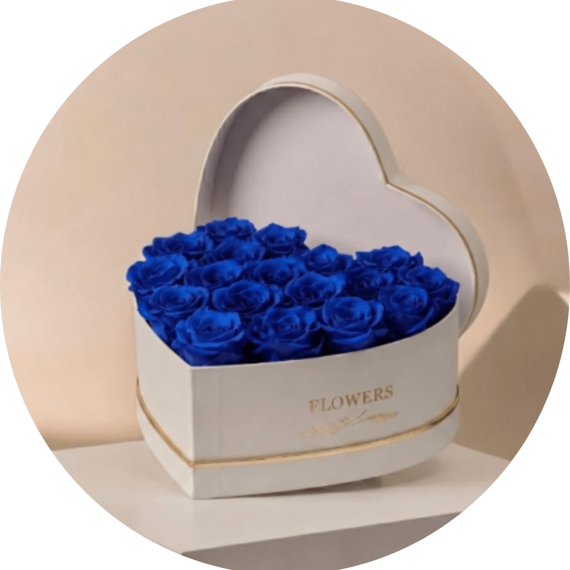 A striking heart-shaped box filled with densely packed vivid blue roses creates