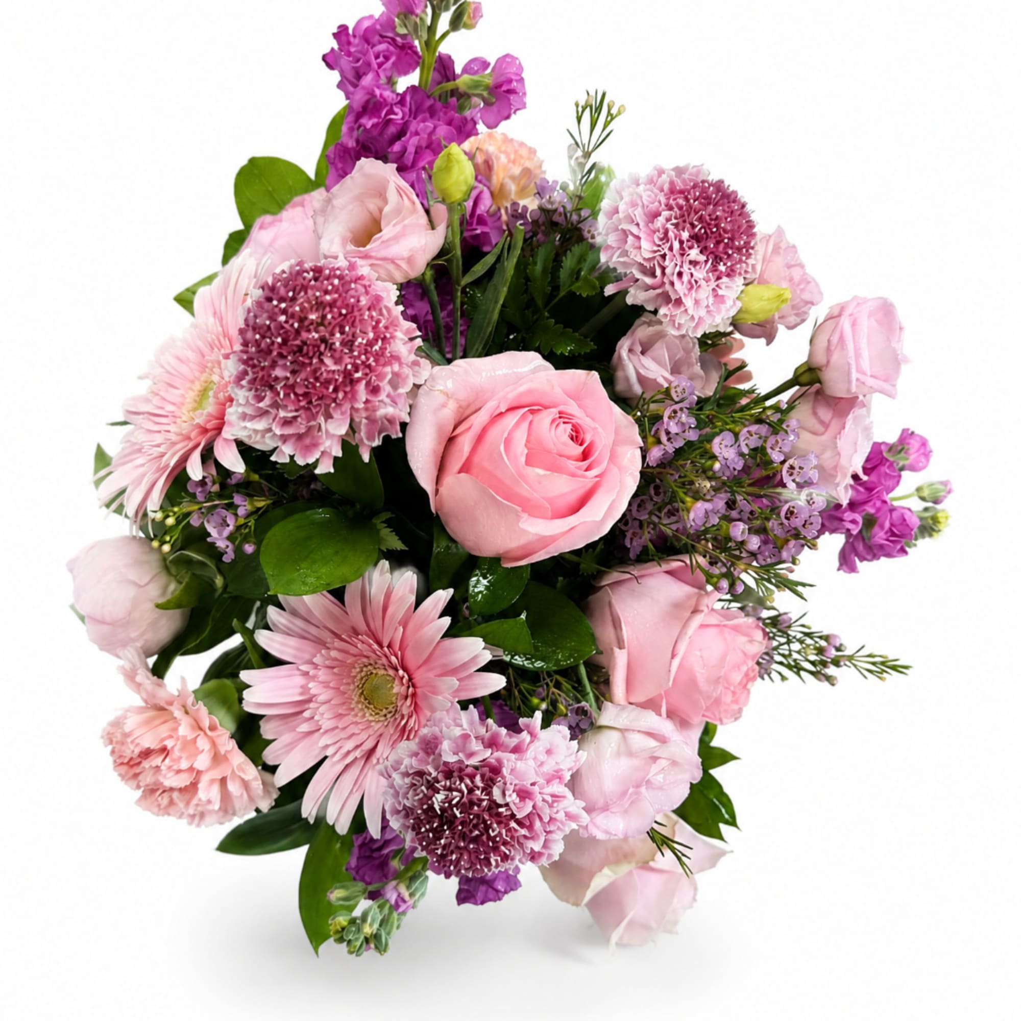 Pink and purple mixed bouquet with roses, gerbera daisies, and carnations